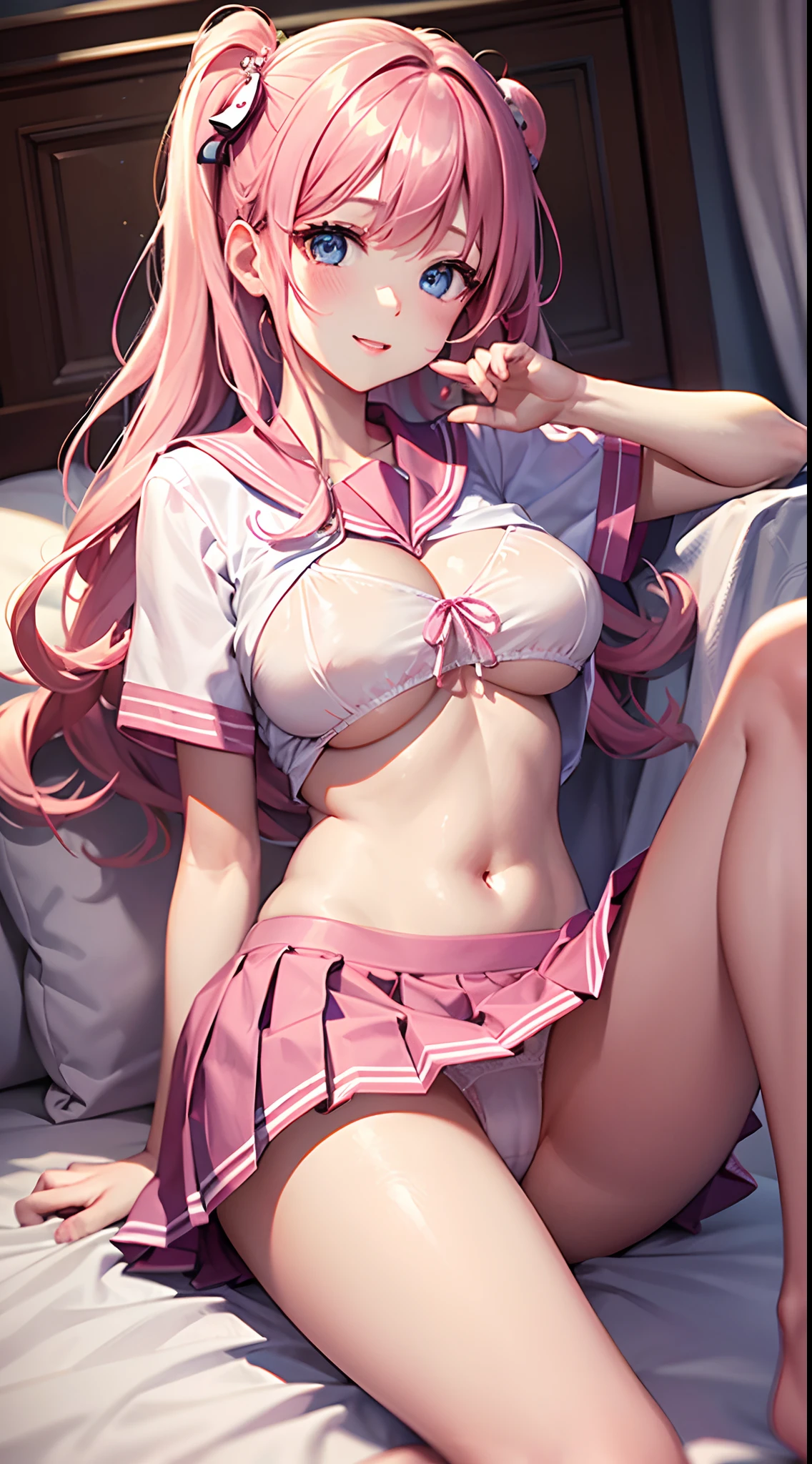 Beautiful illustration、top-quality、Cute little girl s、Bedroom、A pink-haired、long whitr hair、(((Pink pleated skirt)))、(((Pink sailor suit)))、short- sleeved、huge tit、a navel、Turn up the skirt with your hands、showing white panties、Pull up the skirt，The reveal panties、Bare legged、eBlue eyes、on top of the bed、Lovely thighs、glowing thigh