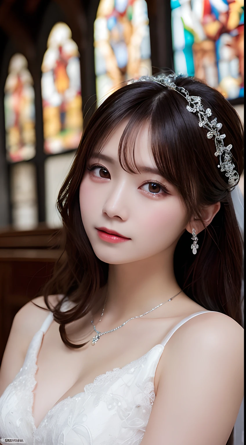 masutepiece, Best Quality, Illustration, Ultra-detailed, finely detail, hight resolution, 8K Wallpaper, Perfect dynamic composition, Beautiful detailed eyes , chapel, Sexy face,weddingdress,bride,Shoot so that the whole body is captured away from the camera