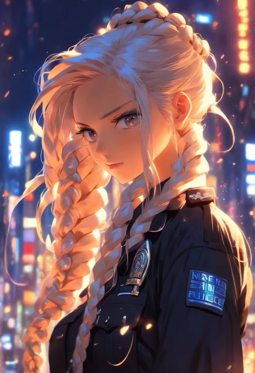 Two long braids at the back, white hair, light eyes, long eyelashes, cream lips, use police officer blackoutfits, 20 years old