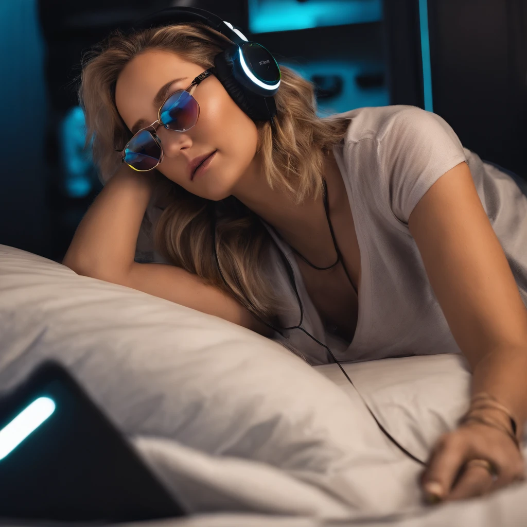 (Jennifer Lawrence) com cabelo preto,sleep in bed and wear gaming headphones glowing with colored light and glasses with a light on the face, foto de perfil 1024px, Streamer do Twitch, Razer, fone de ouvido cyberpunk, Streamer do Twitch / Jogador Ludwig, nice lighting