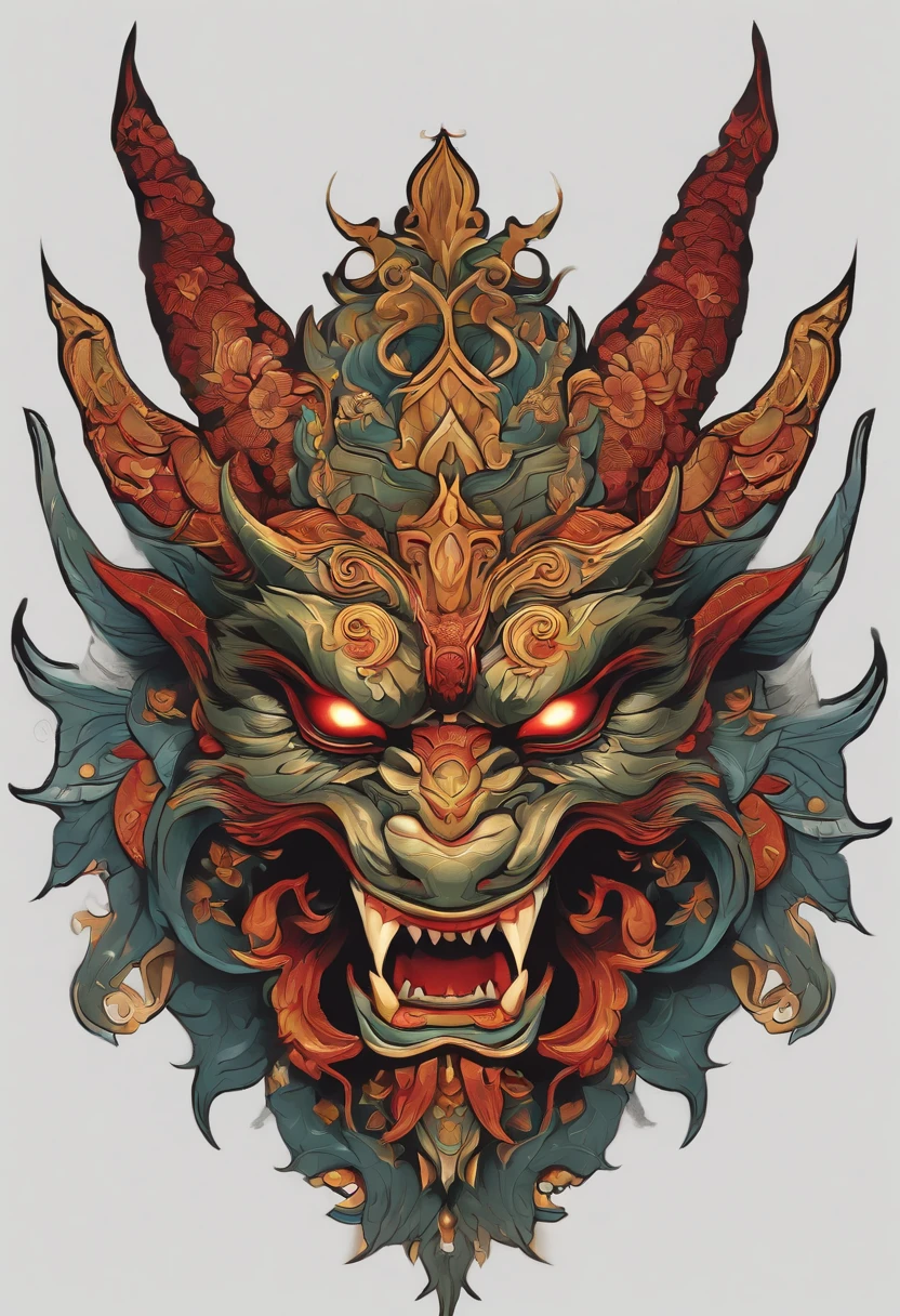 Sticker illustration on white background, Goblin face painting in the shape of a dragon, Qiu Tianwang, Painting in the oriental style, Tengu Mask, Demon Samurai Mask, Asura in Chinese mythology, Bold contour style, Jagged edges, Front Painting, recycle bin, Light Shading --V 5.2