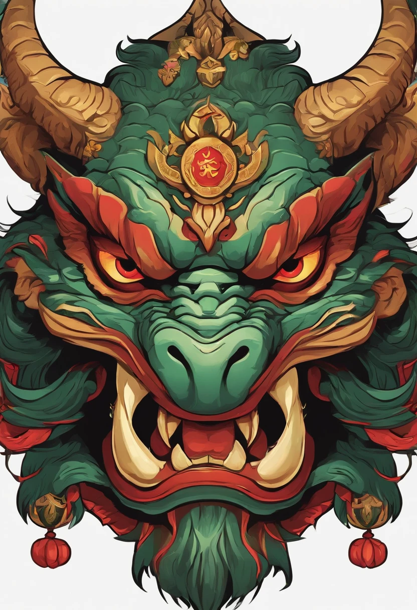 Sticker illustration on white background, Goblin face painting in the shape of a dragon, Qiu Tianwang, Painting in the oriental style, Tengu Mask, Demon Samurai Mask, Asura in Chinese mythology, Bold contour style, Jagged edges, Front Painting, recycle bin, Light Shading --V 5.2