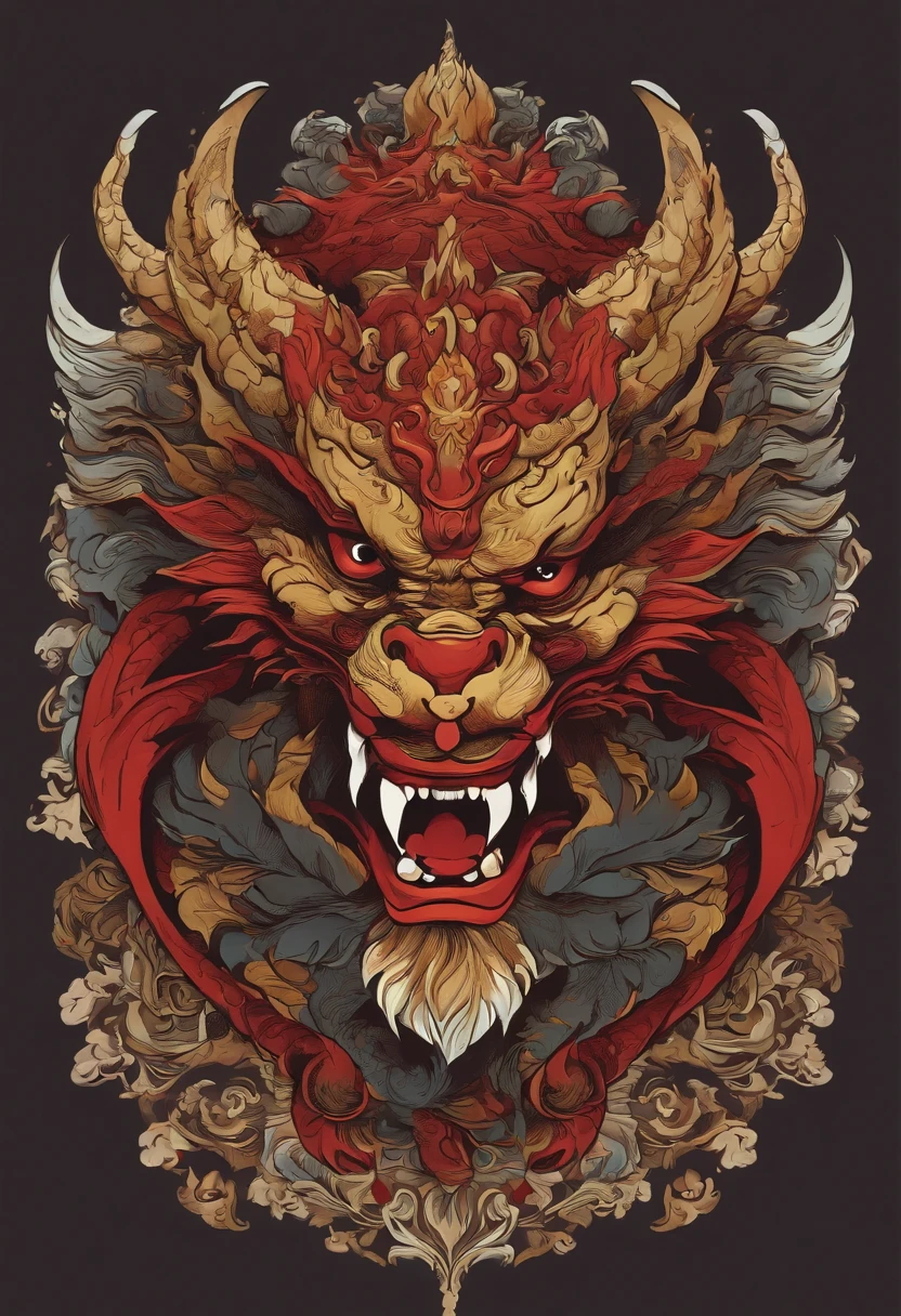 Sticker illustration on white background, Goblin face painting in the shape of a dragon, Qiu Tianwang, Painting in the oriental style, Tengu Mask, Demon Samurai Mask, Asura in Chinese mythology, Bold contour style, Jagged edges, Front Painting, recycle bin, Light Shading --V 5.2
