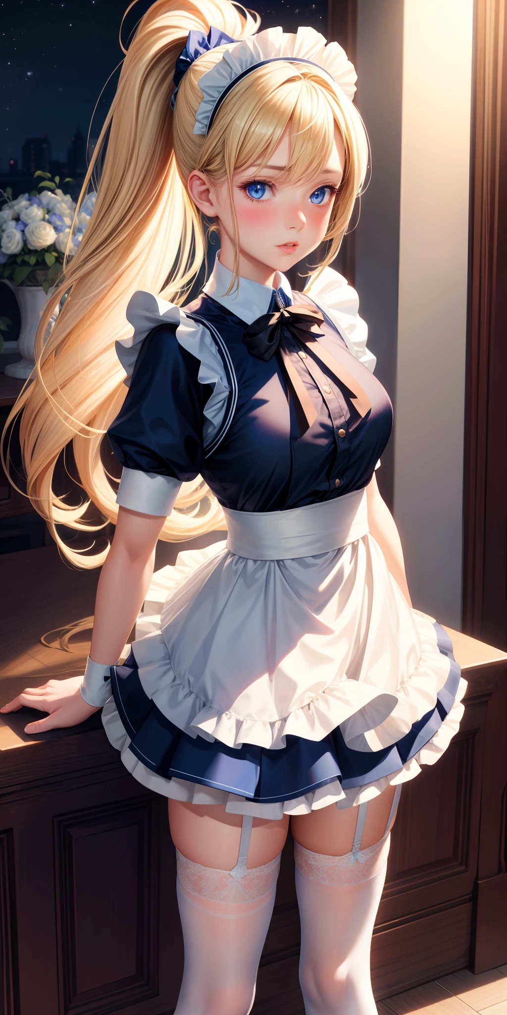 (masterpiece, highest quality,、highest quality、8K、Official Art)、(one girl:1.3)、(Attractive girl)、()、Waist to head、Look Down、((Blonde))、Shortcuts、blue eyes、Big eyes、Sparkling eyes、Beautifully drawn eyes、Pensive expression、Small Bust、blue gothic maid、((white headband))、(looking back)、Corridor of a luxurious house、Great illustrations、
