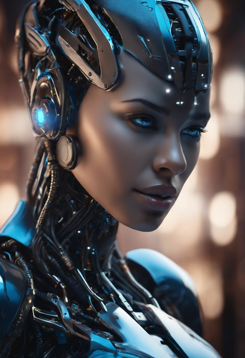 Nousr Robot, Complex 3D Rendering Beautiful Porcelain Profile Black Female Android Face, Cyborg, Robot Parts, 150mm, Beautiful Studio Soft Light, Lim Light, Lively Detail, Luxurious Cyberpunk, Surreal, Anatomical, Face Muscles, Cable Wire, Microchip, Elegant and Beautiful Background, Octane Render, 8k, neon blue colour cyberpunk