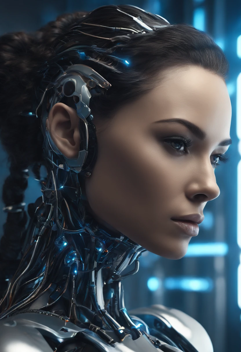 Nousr Robot, Complex 3D Rendering Beautiful Porcelain Profile Black Female Android Face, Cyborg, Robot Parts, 150mm, Beautiful Studio Soft Light, Lim Light, Lively Detail, Luxurious Cyberpunk, Surreal, Anatomical, Face Muscles, Cable Wire, Microchip, Elegant and Beautiful Background, Octane Render, 8k, neon blue colour cyberpunk