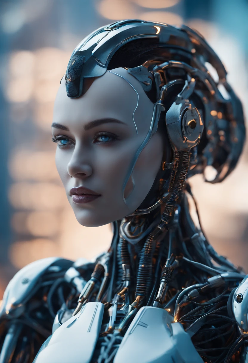 original photography, super verbose, Kizi, cybernetic neck, (cyborg: 1.5), A ruined block in the background, vibrant details, luxury cyberpunk, surreal, anatomically with, chic, 8K, best qualityer, work of art, very detailled, (real, photorrealistic: 1.37),