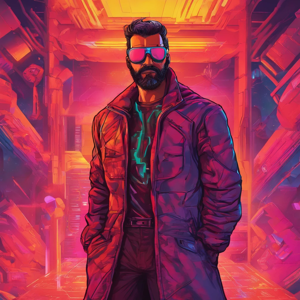 Artista homem, careca com barba grisalha e rala, de 45 anos, pele bronzeada - pintando na tela de um notebook futurista - moderno - estilo cyberpunk - tom azul escuro no contexto da imagem, e luzes laranjas e led vermelho ao fundo