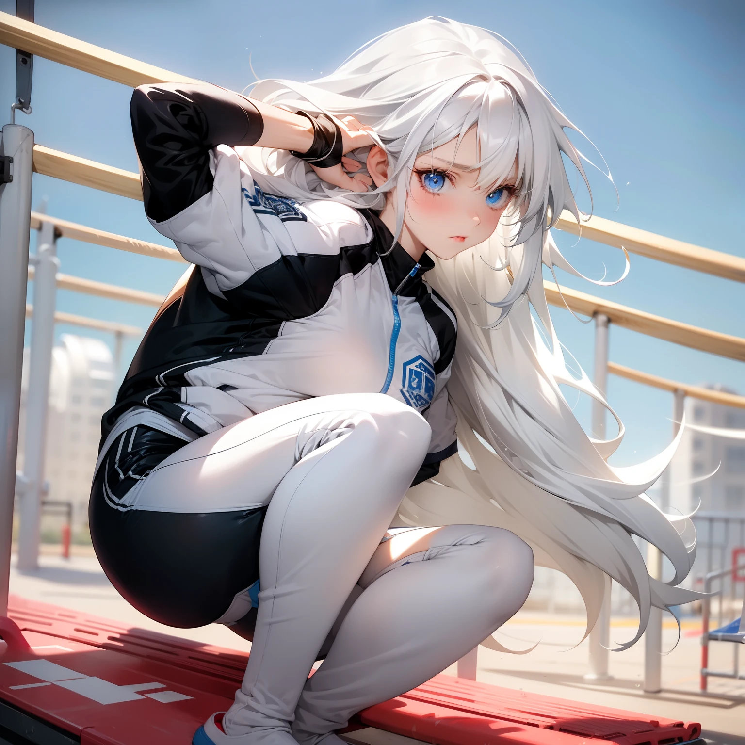 girl with,full body Esbian，White hair,e Blue Eyes,,Shy,,(()),Medium Hair,gymnastic suit,Run on the playground,Hair in one eye,