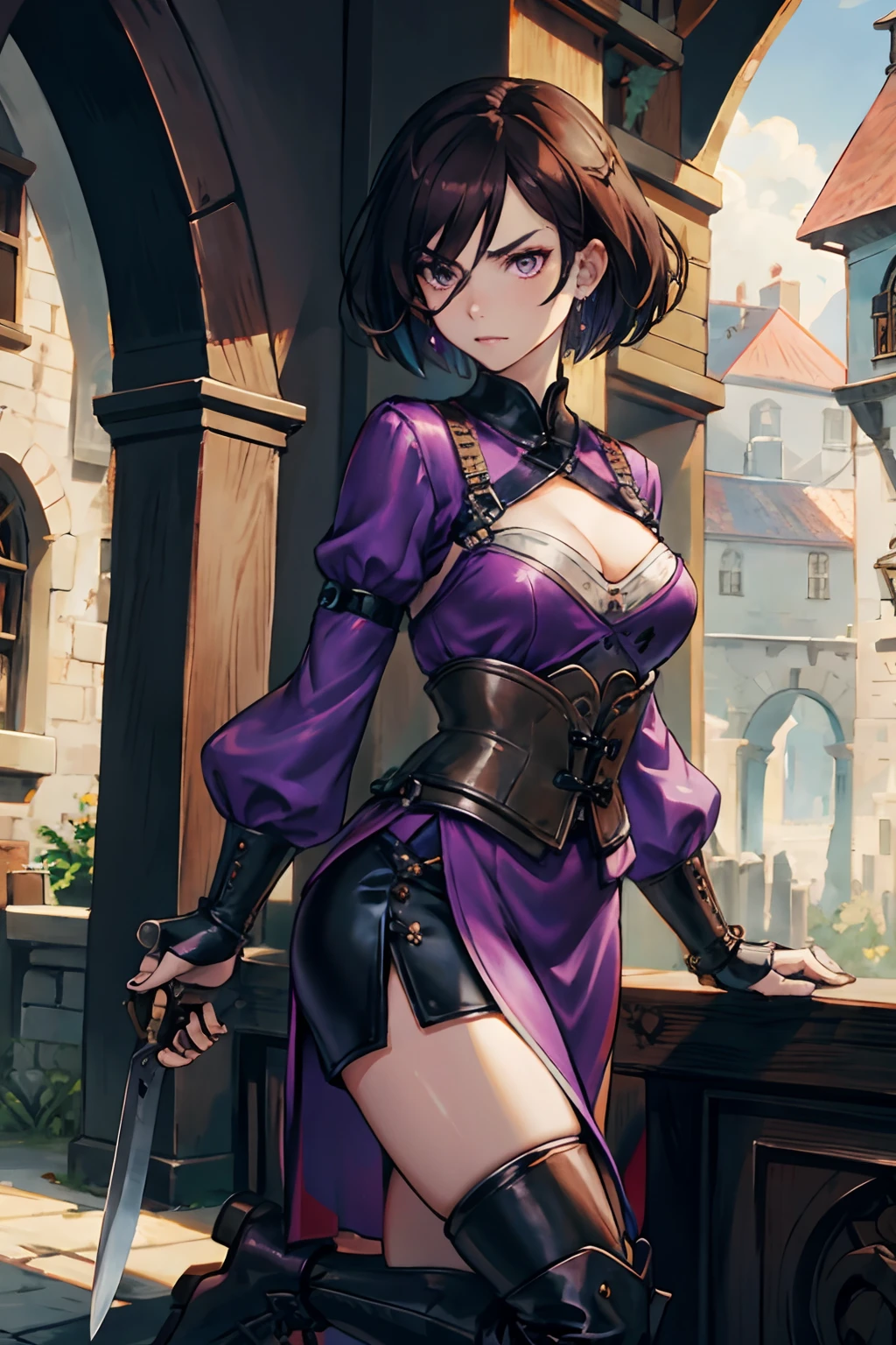 Anime, flat , (Ellen 18-years-old, short dark layered hair, Brown-eyed, small breast:1.0), hair clips
Fantasy Rogue outfit, belt, spread legs, sitting, embarrassed, groin ,