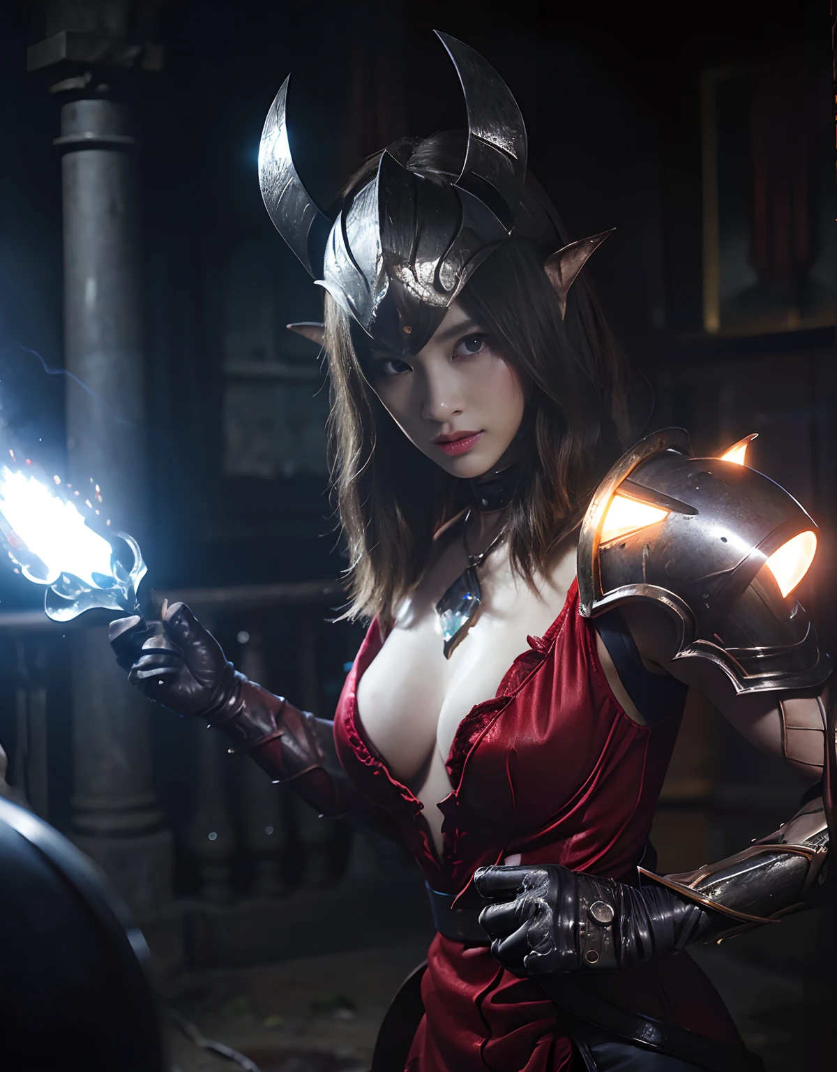 (One Knight Girl)、top-quality、masterpiece、超A high resolution、(Photorealsitic:1.4)、Raw photo、女の子1人、Fight mutants、(Wear the Dark Knight's Armor)、glowy skin、(((Dark Fantasy)))、With a beautiful sword and shield、(Silver Metal Bodysuit)、(Kobold、ogre、Fierce battle with orcs),(Fight fiercely against aliens)、Fight fiercely、(Background of decaying dungeon ruins)、(Knight's helmet)、(Fighting Demonic Beasts)、(Small LED)、((super realistic details))、portlate、(Strong giant demon beast background),globalillumination、Shadow、octan render、8K、ultrasharp、Colossal tits、Raw skin is exposed in cleavage、metals、Details of complex ornaments、Japan details、highly intricate detail、Realistic light、(Mystical expression),CGSoation Trends、Red Eyes、radiant eyes、Facing the camera、neon details、(Mechanical limbs)、(blood vessels connected to tubes)、()、Gundam、Small LED、Toostock、()、(Attack of the Monster Beasts)、(Wounded in a deadly battle)、
