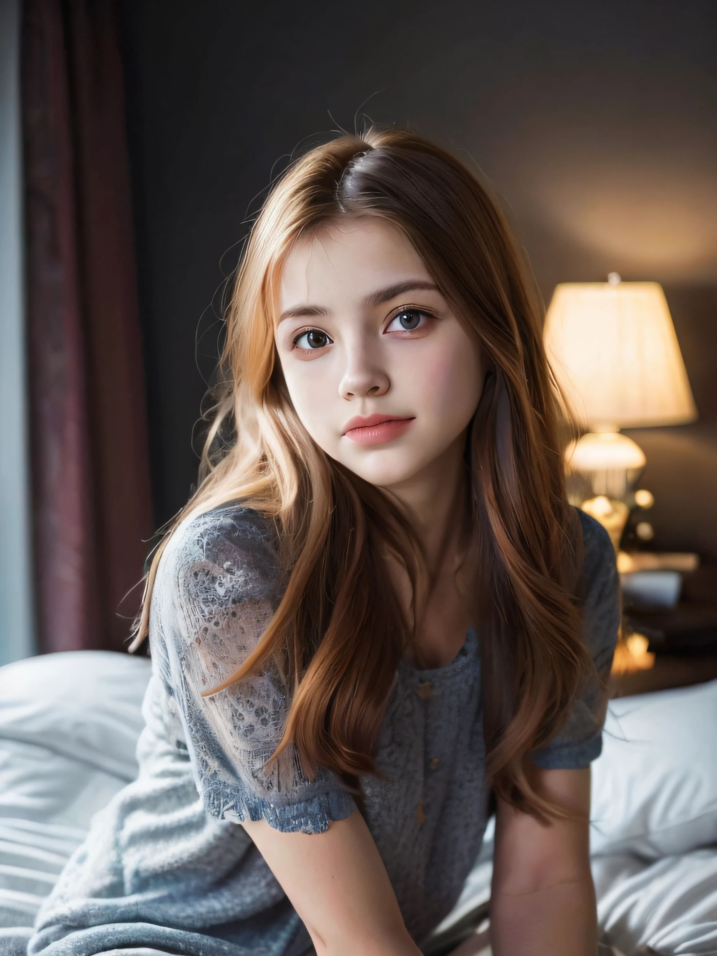 Portrait of petite teen with cute beautiful perfect face at 18 years old, she is happy, very beautiful Russian, in cotton panties, in bed, (dark private study, dark and moody light: 1.2) ((beautiful girl))