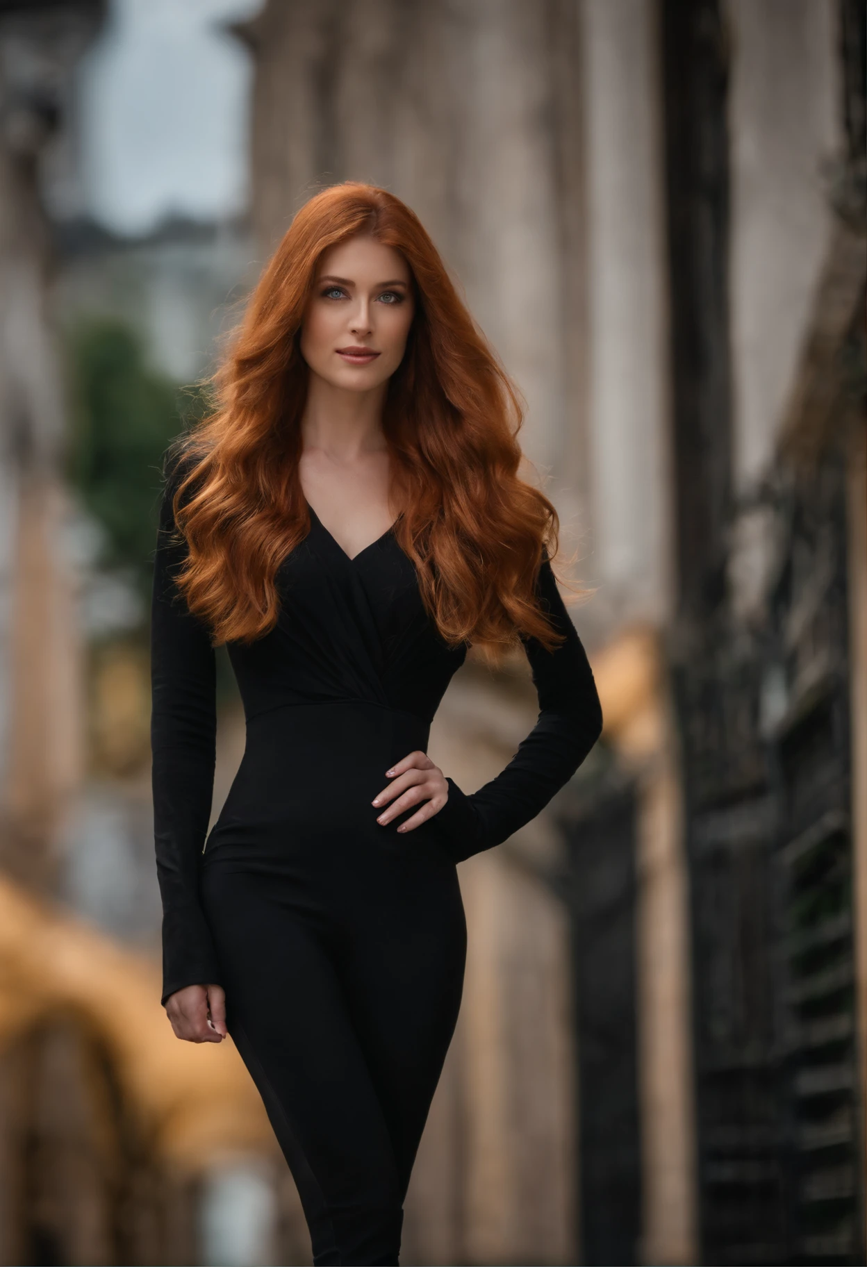 profissional, (4K Photo:1.1) (foco nítido:1.3), High detail, Usando (roupa chique:1.2), Rosto bonito e detalhado, An attractive woman with long red hair looks into the camera, parecendo a atriz Katherine McNamara, Panasonic Lumix S Pro 50mm F/1.4, Ana Stokes, salpicos de cor, laranja escuro e esmeralda escura, ferrania p30, foto realista, (mulher jovem atraente:1.3), (sedutor:1.3), (Corar:1.1), Forma do corpo da ampulheta, seios grandes e redondos, quadris largos, in the background city with an aspect of self-confidence and luxury