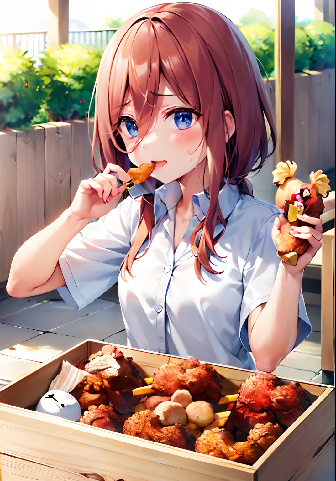 nsfw,(((masterpiece))), (((best quality))),((masterpiece:1.5)), (best high quality), (ultra high res), (ultra highly detailed), (8k:1.3),anime colored,perfect hands, perfect fingers, perfect legs,(cowboy shot,from front),(forehead:1.2),1woman,solo,idolmaster, (haru yuuki) ,(14years old, beautiful girl), (beautiful eyes),(((beautiful orange hair))), (((long straight hair))), (wet hair), (wet skin), ((Sweat)), ((vapor)), (flat chest,small breast), (expensive), ((spread leg)),(spread pussy 1.5),(love juice:1.2),(many sweat:1.5),(pubic orange hair:1.2),(bottomless:1.5),(soccer uniform:1.5),((lift clothes)),(wet clothes),(no bra,no panty),(open your mouth), (a big smile), ((out tongue)),(Nice touch), (one eye closed),(feel good), (saliva),(eating pizza:1.3), ((pizza box on table)), (sitting on bench), (soccer stadium),(in night),bokeh,