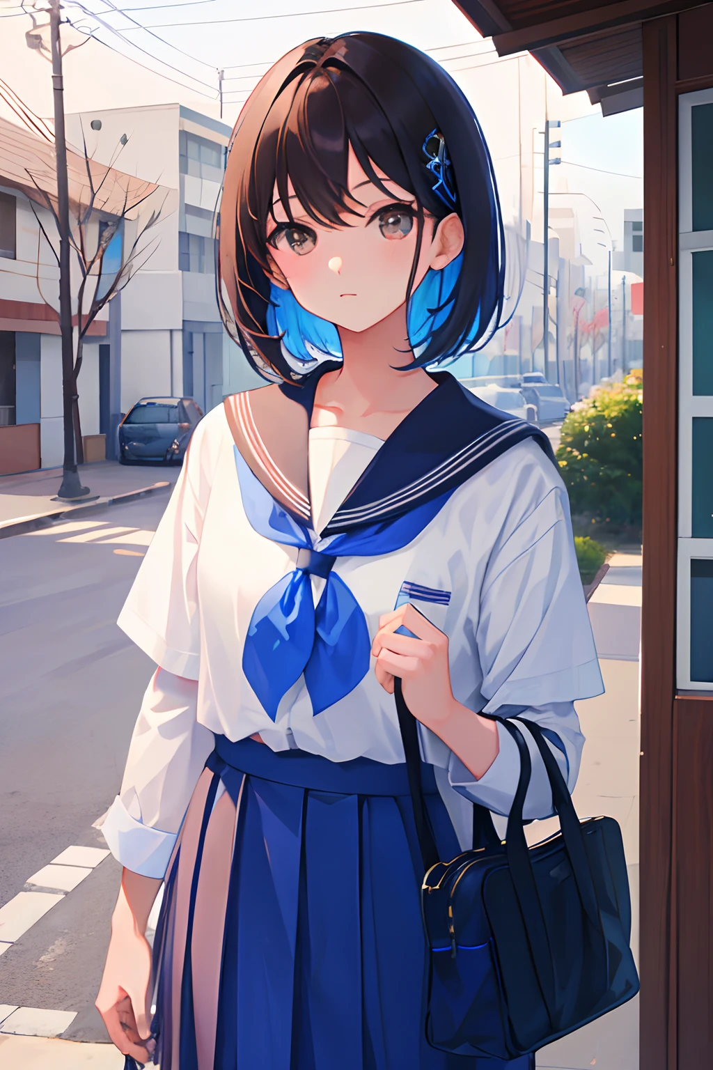 Kai Kokoai, Exactly like Kai Kokoai, STU48 Single Favorite Person Costume, Short Hair, Black Hair, One Girl, 18 Years Old, Vest, Photo, Realistic, Best Quality, Adopted, Detailed Face, Strong Sunlight, Sea, Embankment, Detailed Background, Diffuse Sunlight, Depth of Field, Bokeh (Best Quality: 1.2), (Masterpiece: 1.2), Watch Viewer, Blue Theme, Beige Theme, Black Hair,