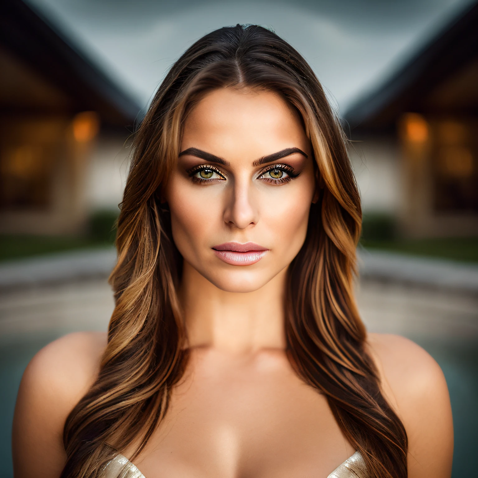 closeup portrait of a young sexy Ukrainian woman with revealing Fit and flare dress in Spa retreat , symmetrical face, Outdoor lighting, Brooding atmosphere, sharp eyes