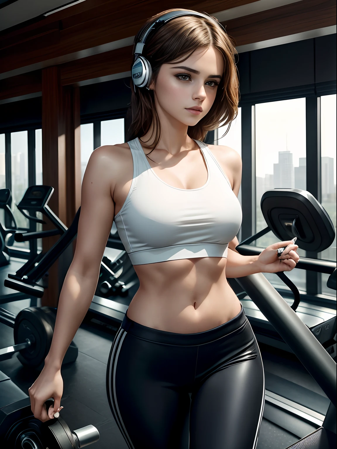 Best quality, masterpiece, ultra high res, (photorealistic:1.4), raw photo, (Selena Gomez:Emma Watson:0.8) 30 yr age, she is wearing a top and tight trousers, listening songs on her headphones, She is jogging on the treadmill, in the gym, gym set up in the background , costly gym,