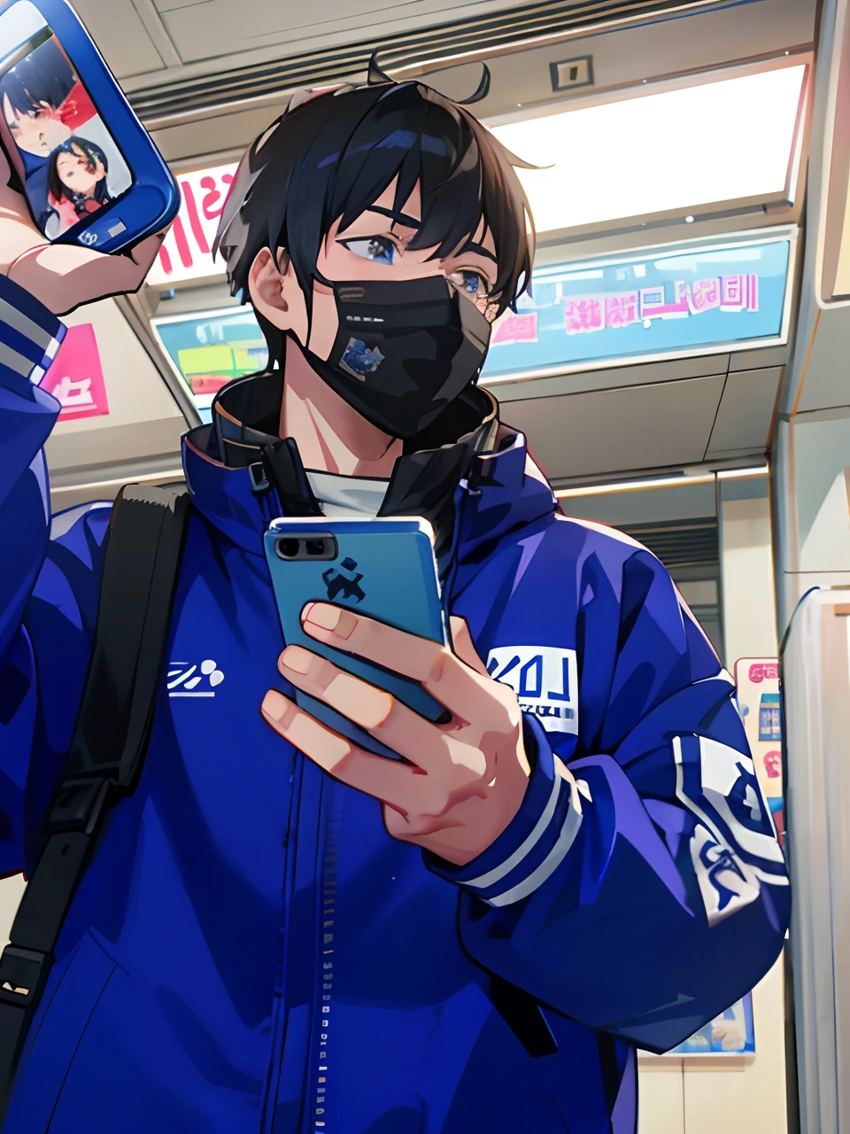 anime man in blue jacket holding up a cell phone in front of him, digital anime illustration, kawacy, artwork in the style of guweiz, anime style. 8k, 8k!, 🚿🗝📝, anime style 4 k, anime moe artstyle, [ 4 k digital art ]!!, 2022 anime style