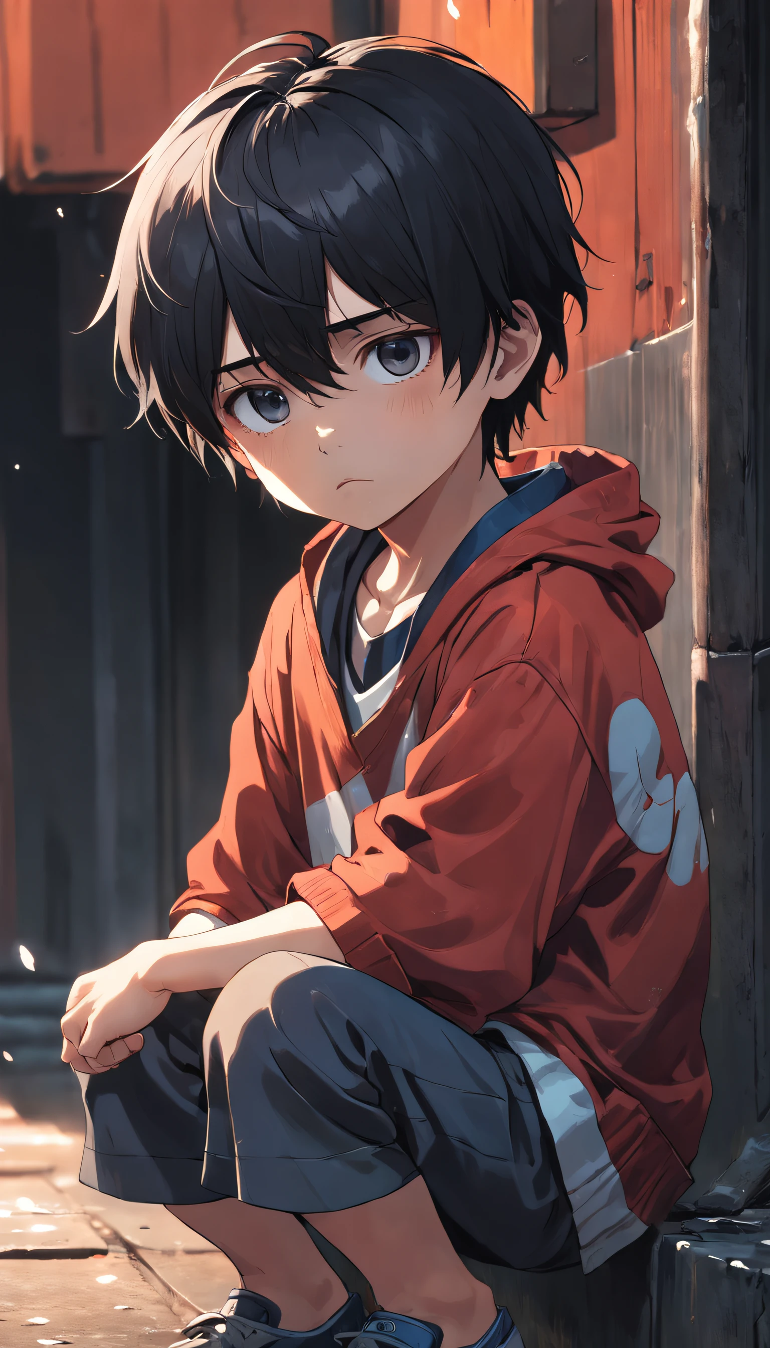 a poor little boy sitting, sad eyes, sad face, helpless, sad, detailed face, black hair