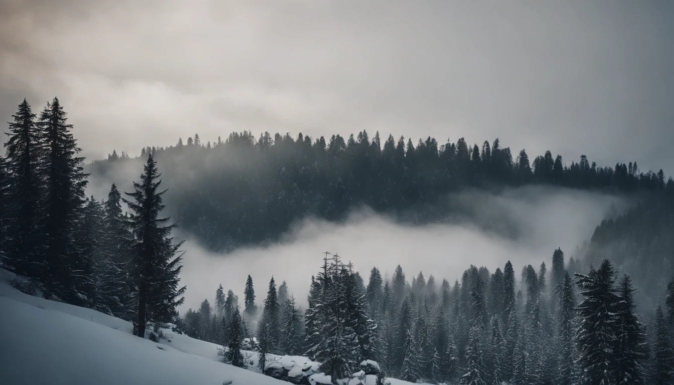top angle shot of a forest in kashmir, day, fog, tall trees,