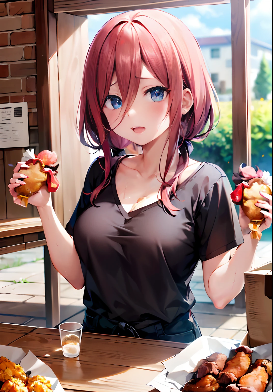 top-quality、Kentucky Box（1:6）、Full-length images of the highest quality、Highly detailed anime super detail、​masterpiece、tre anatomically correct、Detailed hand、(Eat fried chicken:1.6)、8K、I love my tides、Upper line、High School Uniform、Have Kentucky、Sweat profusely、Delicious looking face、Moisturizing skin、(Kentucky Box:1.3)、Detail Eye、NSFW、Lustrous hair、、Frontal view、