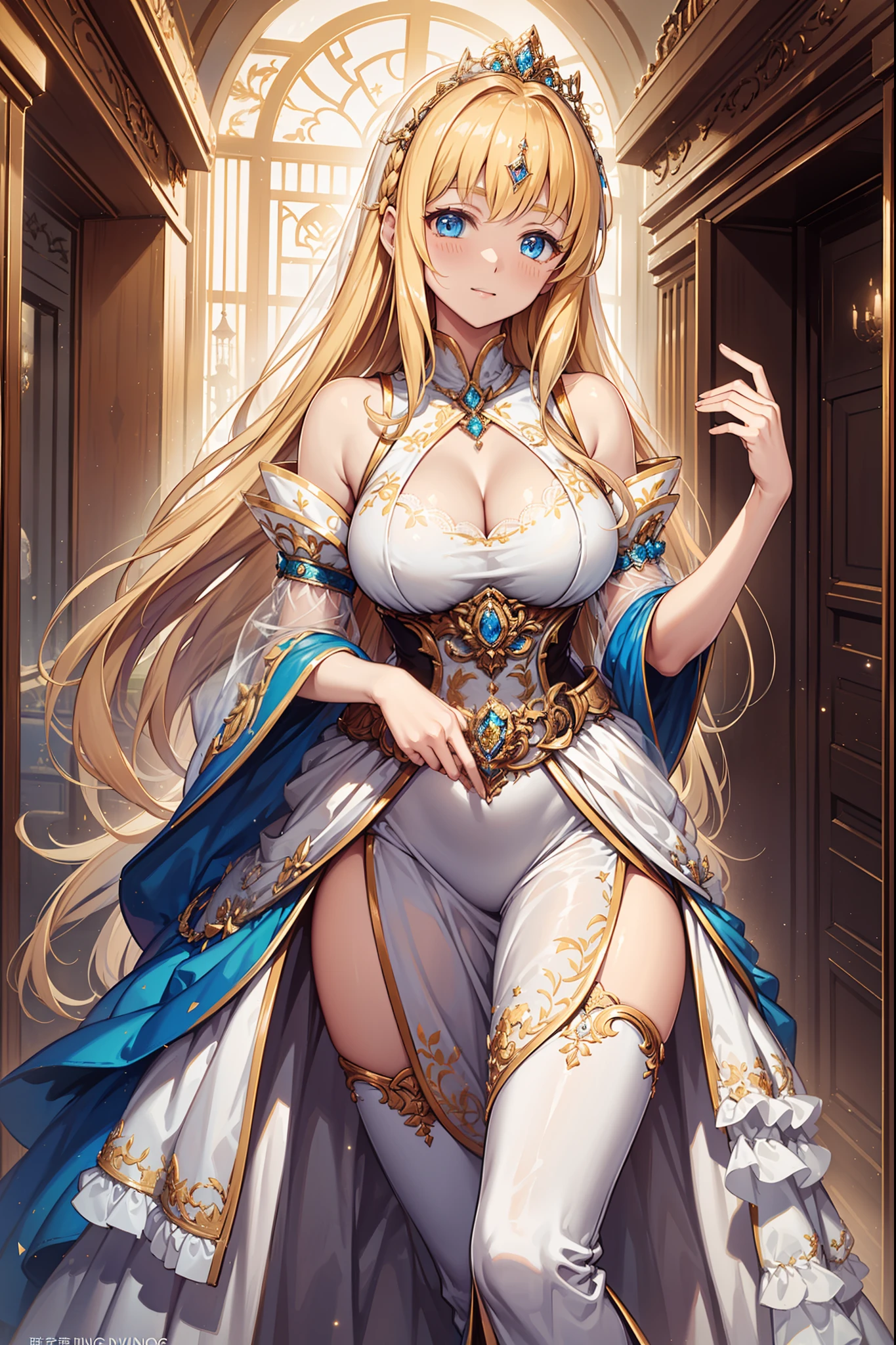 The best princess,Enchanted,opulent,Being in love,divino,((The princess wears a white and yellow princess dress)),((blingbling))((Very Long voluminous Hair)),((gorgeous embroidery and lace)),((Gorgeous corsage)),See-through,(Gorgeous gold jewelry),(luxury hair ornament),((Luxury tiara and jewelry:1.1)),blond hairbl,eBlue eyes,Maximalism,Ruffles,Lots of lace,(Lines on clothes:1.2),(exquisite costumes:1.1),(Multi-layered skirt),Princess Crown,see-through transparent clothes,Beautiful detailed face,Movie lighting,the night,solo person,metal decoration,Lace,(Shine:1.2), (Best quality), (Masterpiece:1.2),