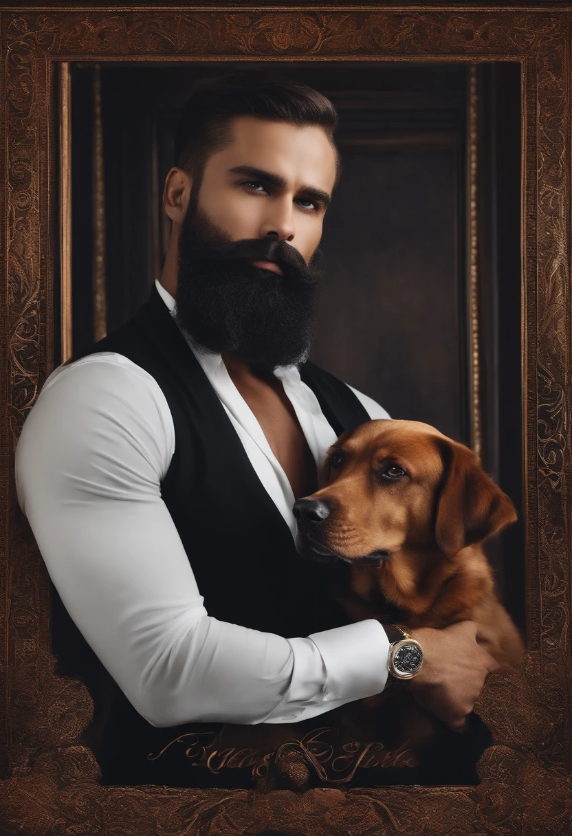 Homem lindo de terno , barba linda , homem sexy executivo, terno preto avec un labrador noir