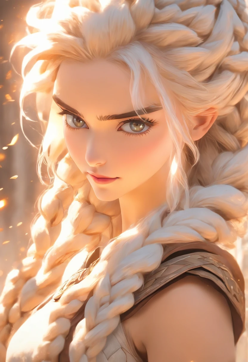 White hair like daenerys braid at the back, light eyes, long eyelashes, cream lips, wear officer ranger outfits , and wear boots, 20 years old, full body front design, and natural make up