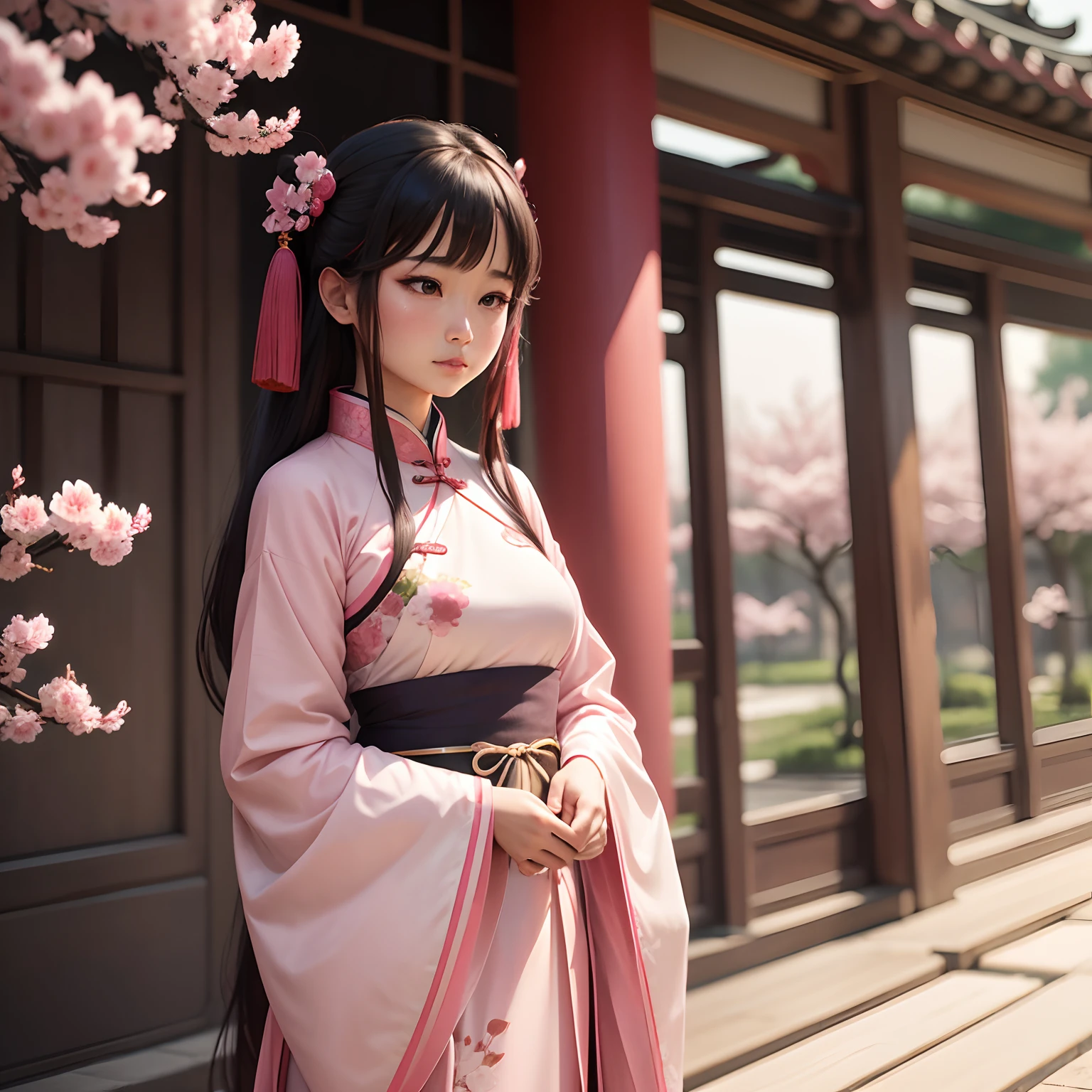 a women, Chinese, Hanfu, pink, sakura