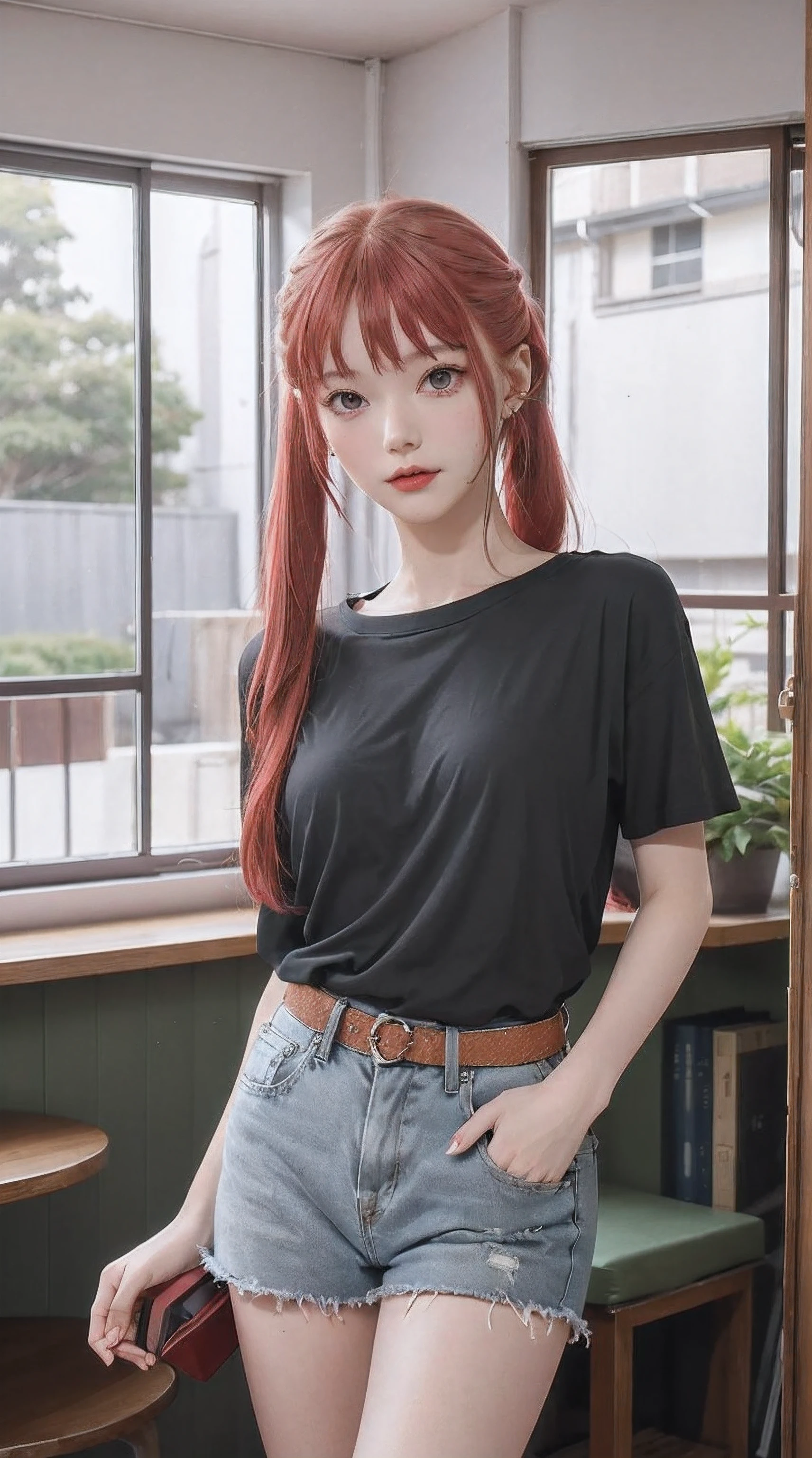 ayasakairemi, 1girl, high school girl, teenager, twintails, red hair, red eyes, beautiful, beautiful woman, perfect body, perfect breasts, wearing an oversized white t-shirt, short jeans, wearing a handbag, watch, wearing earrings, cozy shop there, department store, ponytail, looking at the viewer, a slight smile, realism, masterpiece, textured leather, super detailed, high detail, high quality, best quality, 1080p, 16k