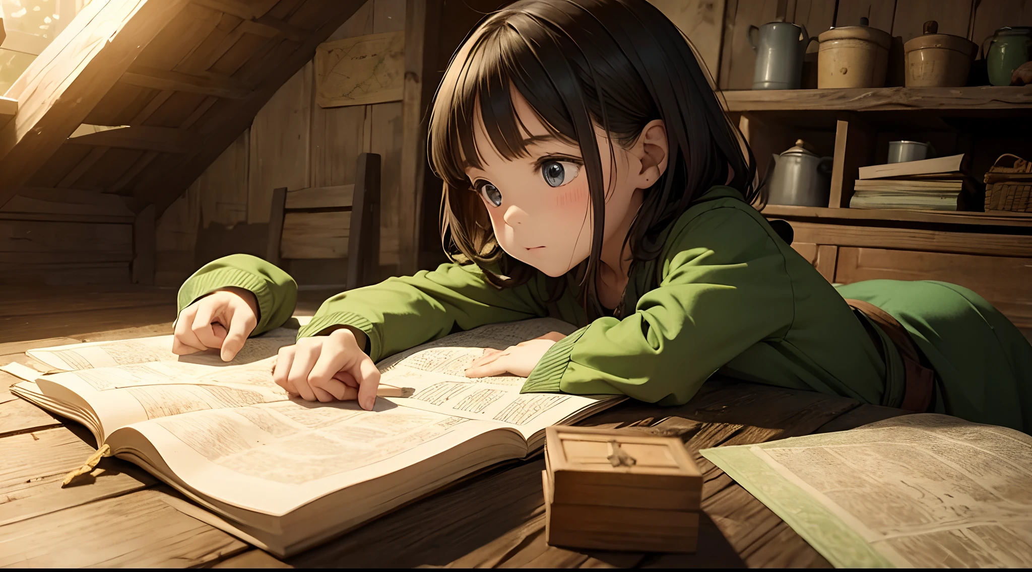 in green finds an ancient treasure map in the attic of the old grandmother,There are mysterious clues and markings on it