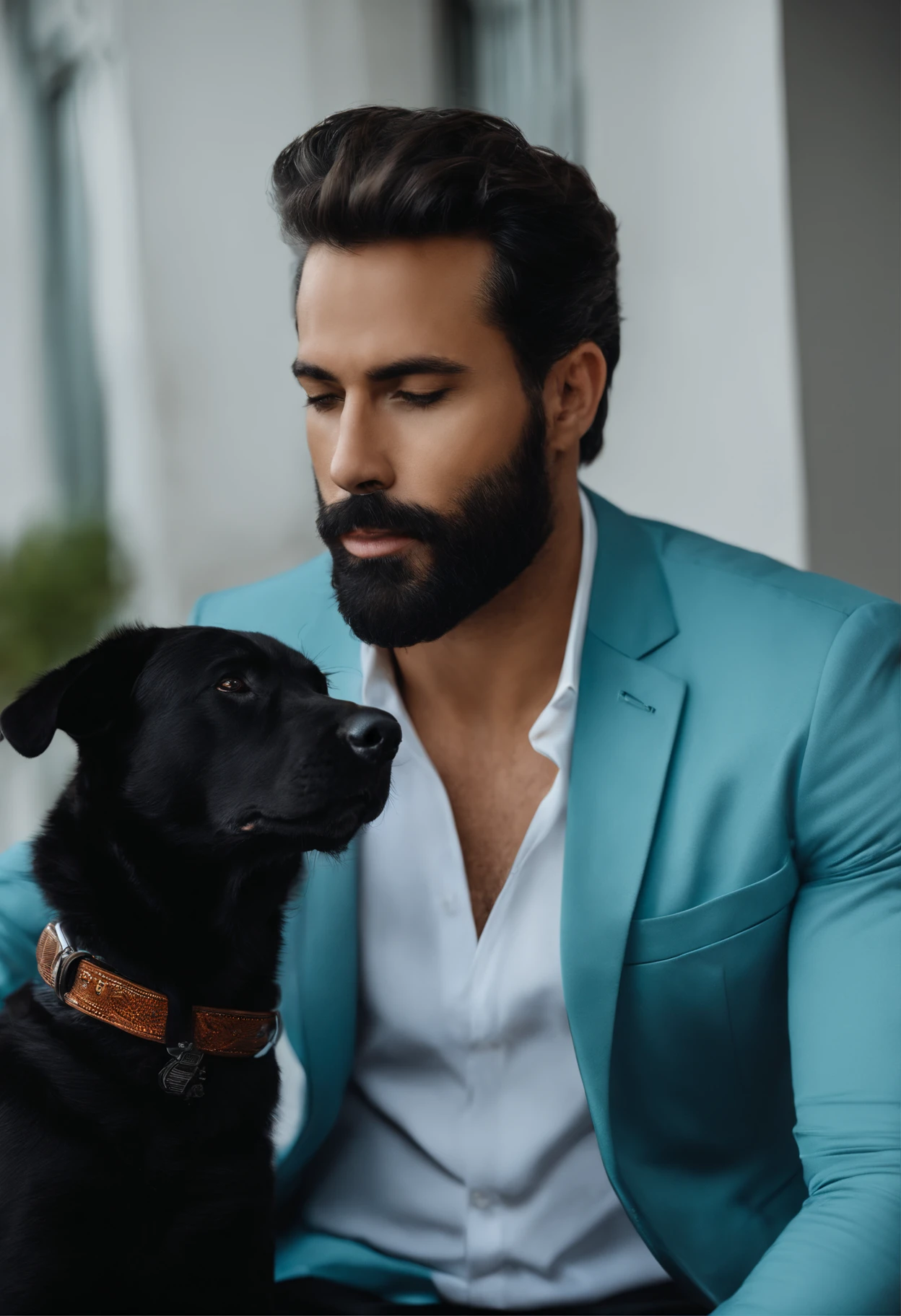 Homem lindo de terno , barba linda , homem sexy executivo, terno preto avec un labrador noir