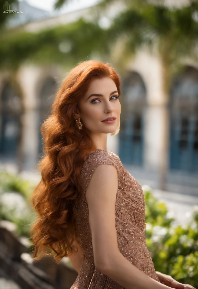 profissional, (4K Photo:1.1) (foco nítido:1.3), High detail, Usando (roupa chique:1.2), Rosto bonito e detalhado, An attractive woman with long red hair looks into the camera, parecendo a atriz Katherine McNamara, Panasonic Lumix S Pro 50mm F/1.4, Ana Stokes, salpicos de cor, laranja escuro e esmeralda escura, ferrania p30, foto realista, (mulher jovem atraente:1.3), (sedutor:1.3), (Corar:1.1), Forma do corpo da ampulheta, seios grandes e redondos, quadris largos, in the background city with an aspect of self-confidence and luxury aumente levemente o quadril e cor dos olhos castanhos
