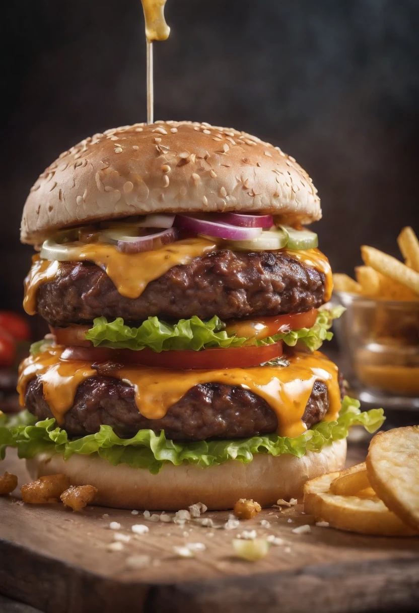 A burger falling in pieces juicy, tasty, hot, promotional photo, intricate details, hdr, cinematic, adobe lightroom, highly detailed