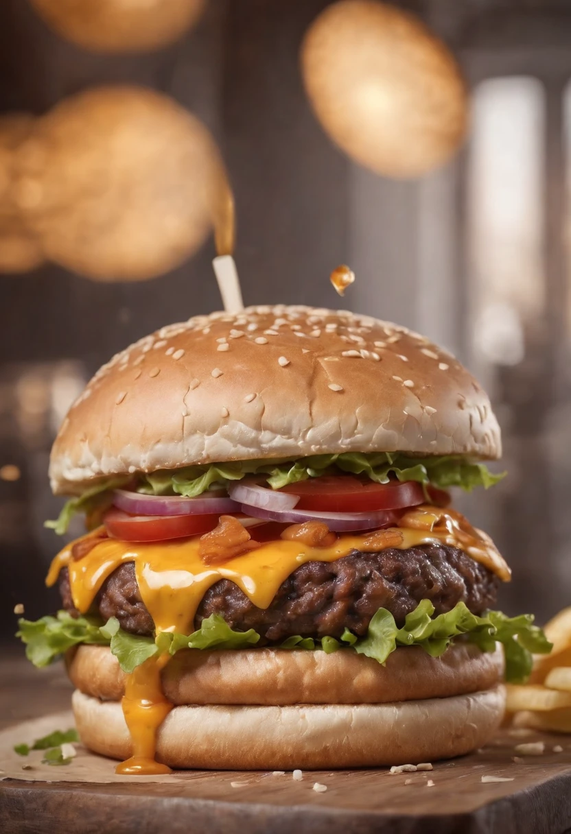 A burger falling in pieces juicy, tasty, hot, promotional photo, intricate details, hdr, cinematic, adobe lightroom, highly detailed