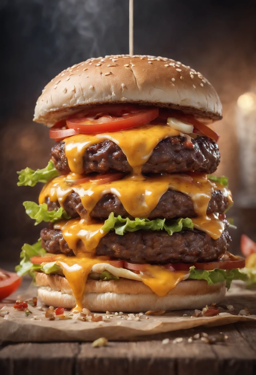 A burger falling in pieces juicy, tasty, hot, promotional photo, intricate details, hdr, cinematic, adobe lightroom, highly detailed
