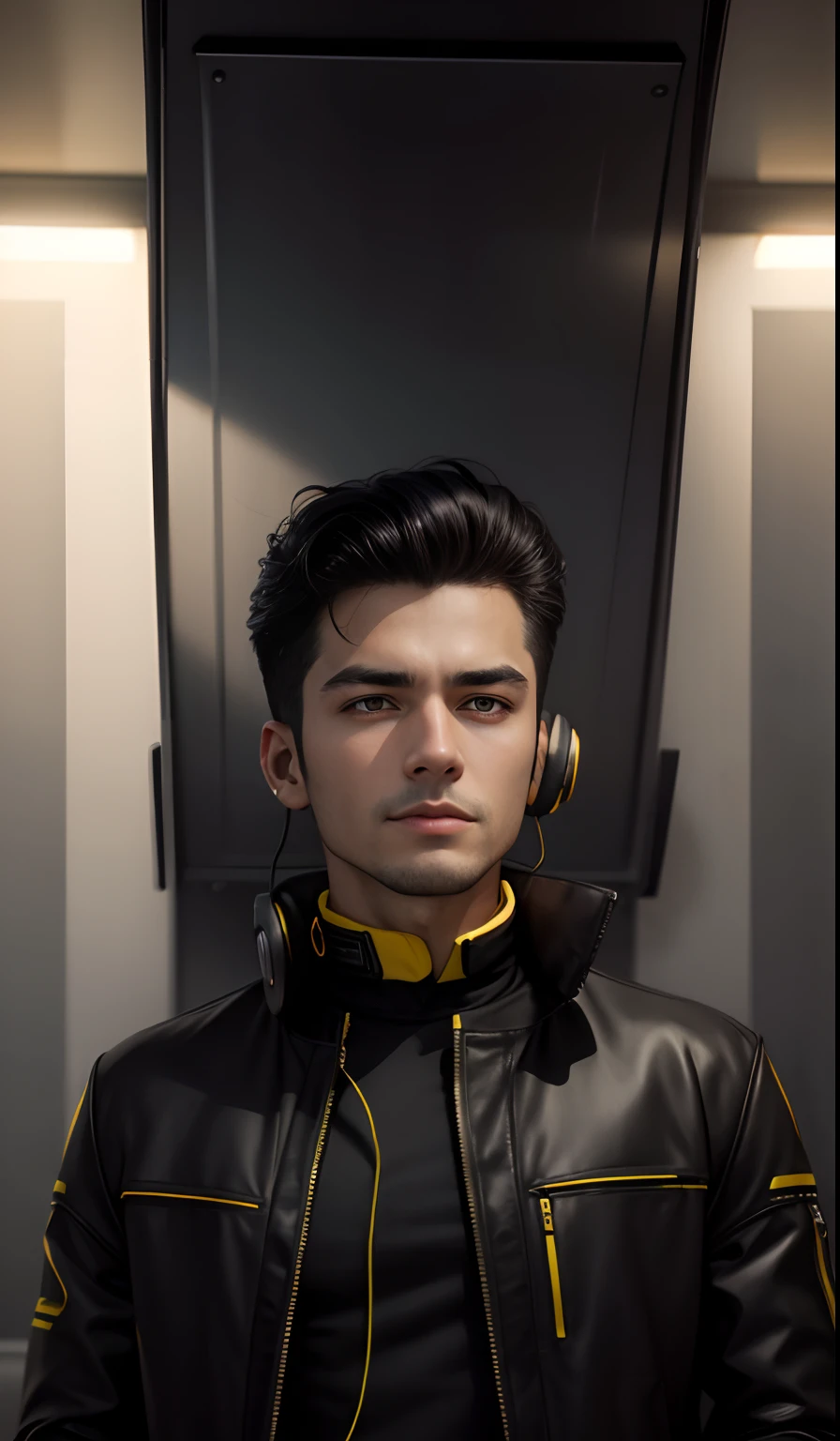 Wear stylish black shirt, yellow jacket and headphones and create portrait with stylish pose