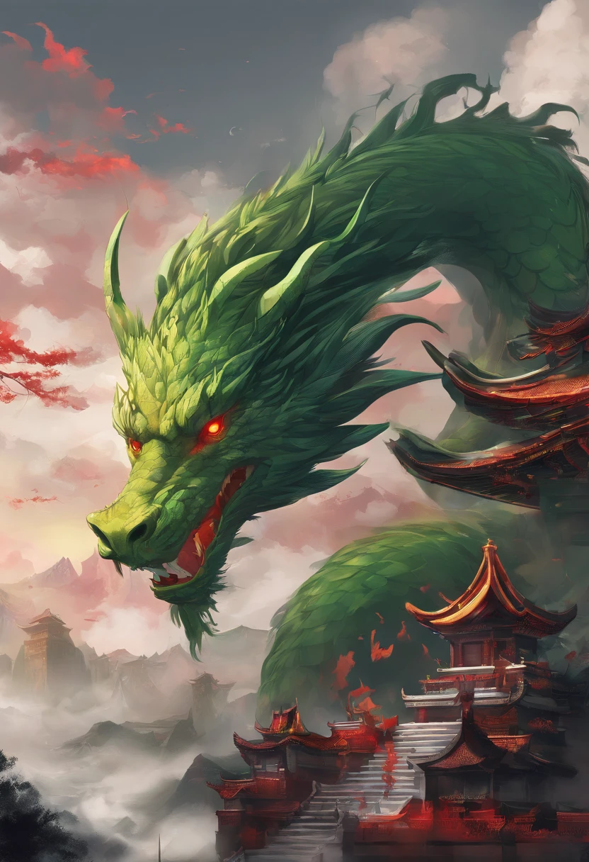 China-style,Chinese mythology,Chinese Green Dragon,tosen,Ferocious,gargantuan,The eyes glow red,Glow effects,surrounded by cloud,Thick clouds,buliding,中景 the scene is,Full body like, highly detailed surreal vfx,oc rendered,