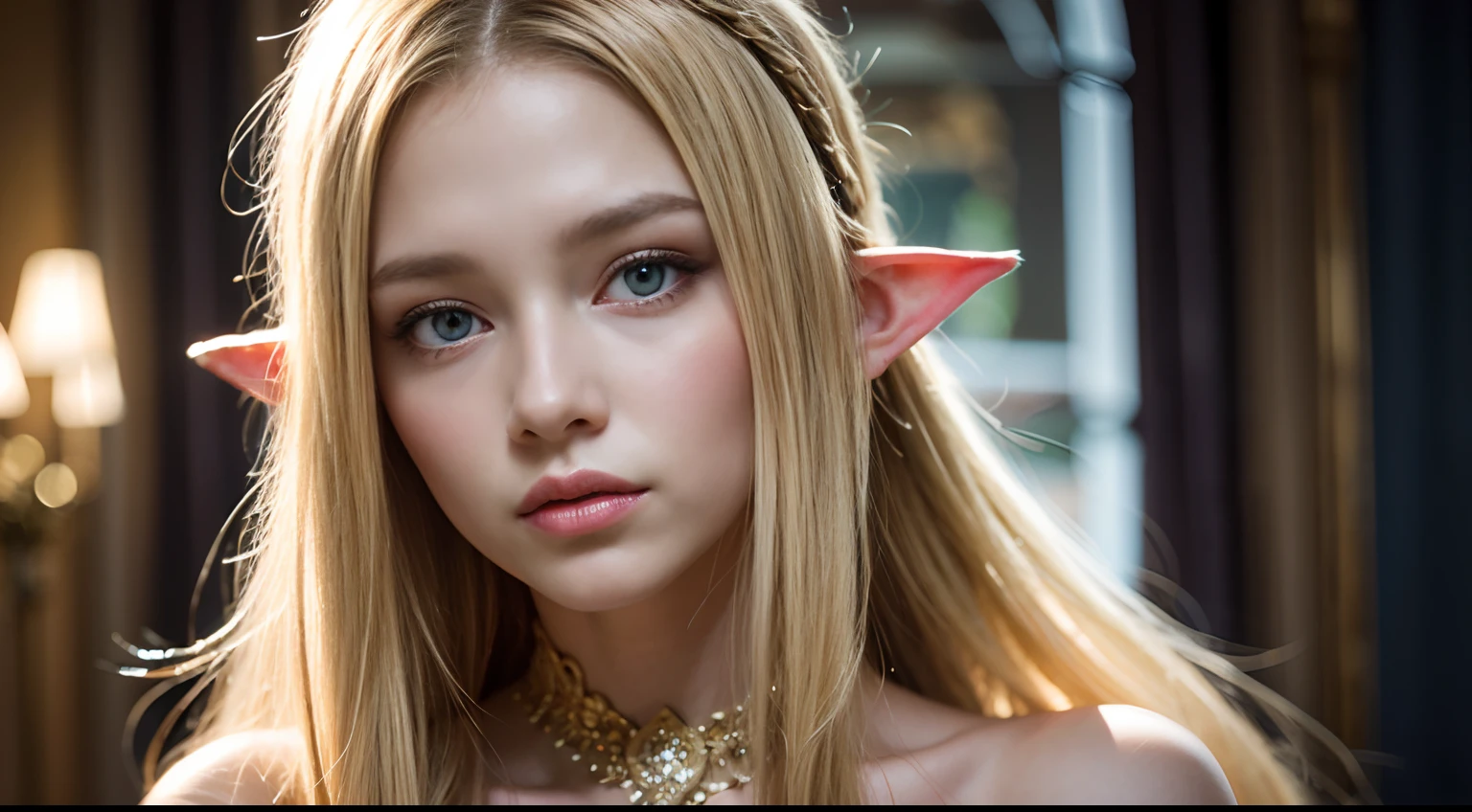 beautiful elf, young, long golden blond hair, blue eyes, voluptuous, half body portrait