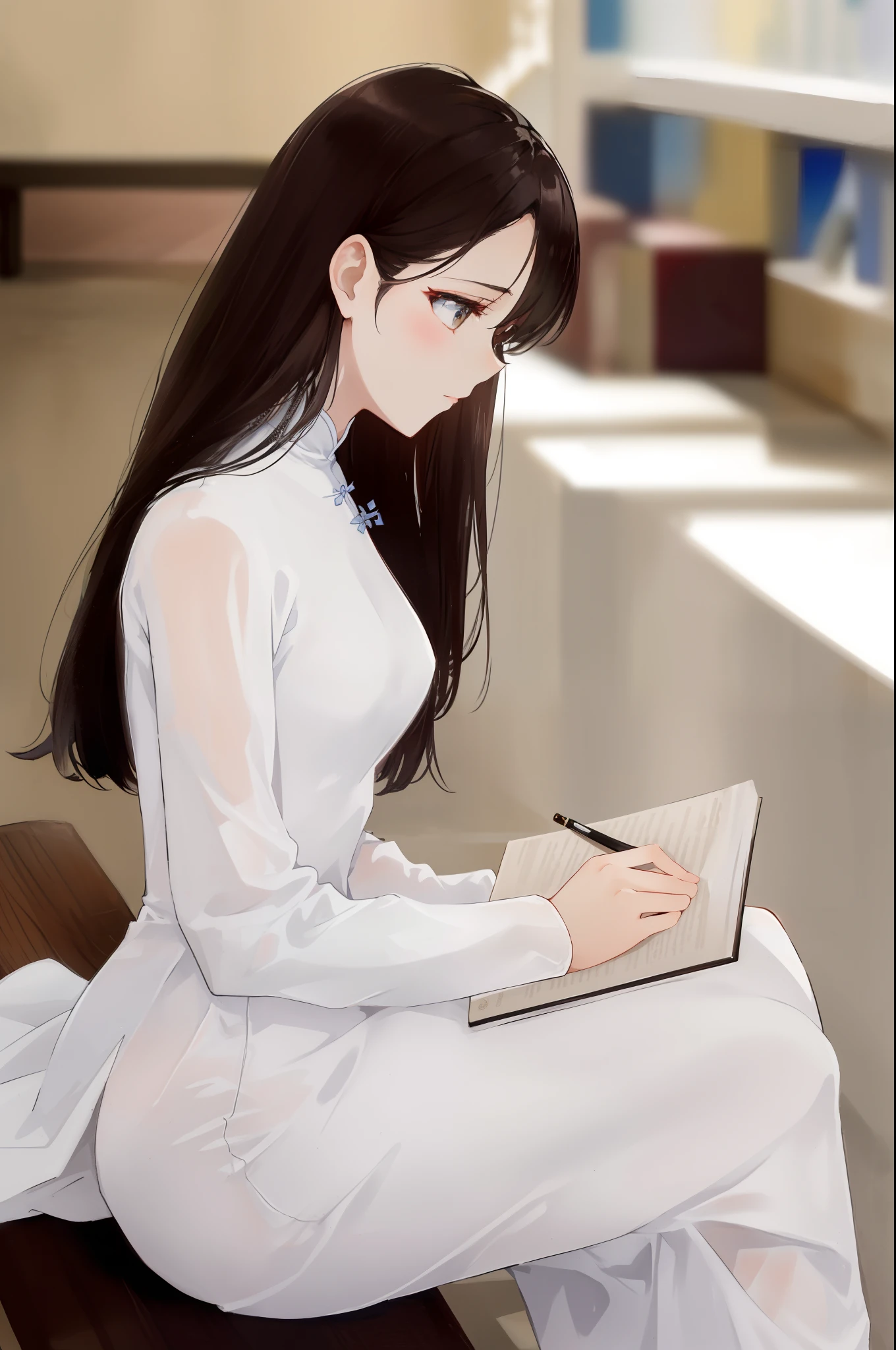 a woman in a white dress sitting on a bench writing on a book, ao dai, a beautiful woman in white, smooth white tight clothes suit, milky white skin, mai anh tran, beautiful asian girl, in white clothes, korean girl, asian girl, beautiful long white dress, elegant sleek smooth body, beautiful south korean woman, elegant study, dang my linh