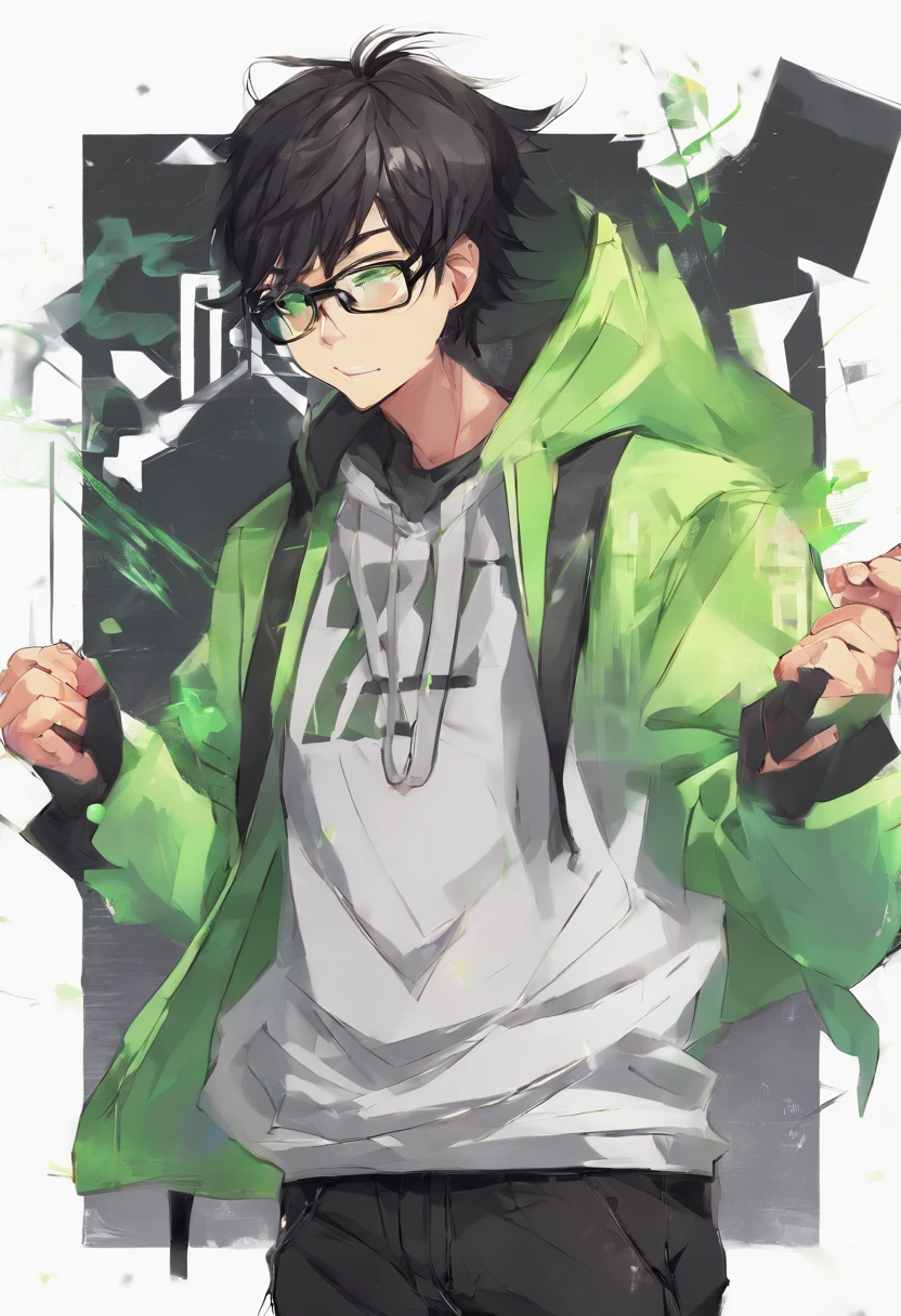 [Cute chinese guy] [black hair] [green eyes] [black glasses] [smiling] [Wearing a white hoodie] [black jeans] [20 years old] [manhwa style]
