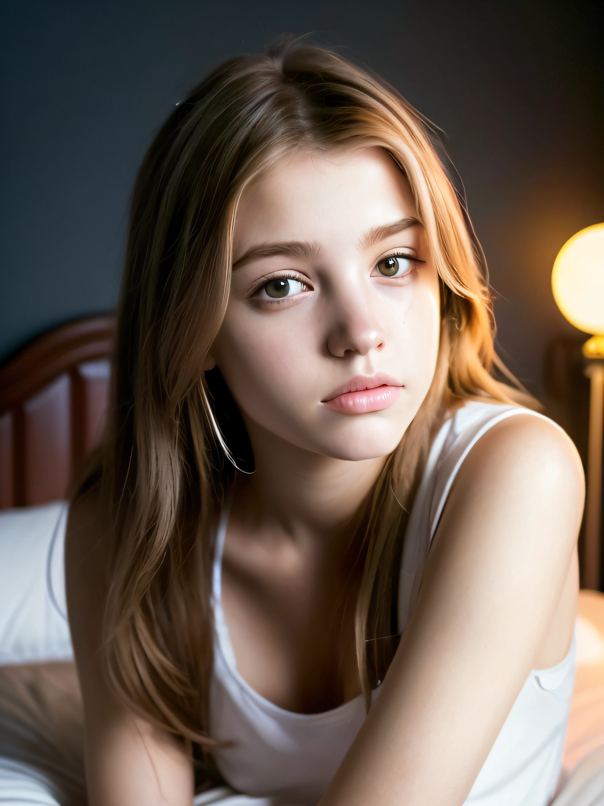 Portrait of an 18 year old cute beautiful perfect face it teen, she is happy, very beautiful Russian, raw, in bed, (dark private study, dark and moody light: 1.2)