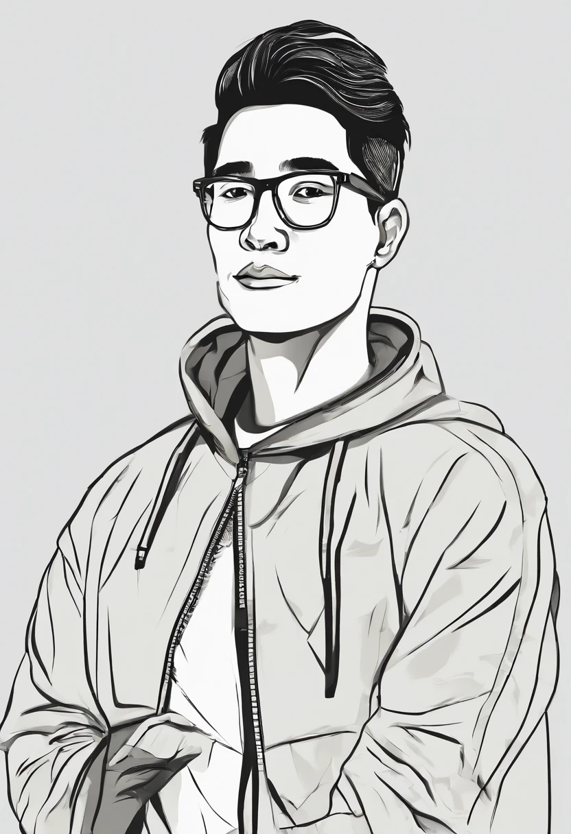 [chinese guy] [black hair] [green eyes] [black glasses] [smiling] [Wearing a white hoodie] [black jeans] [20 years old]
