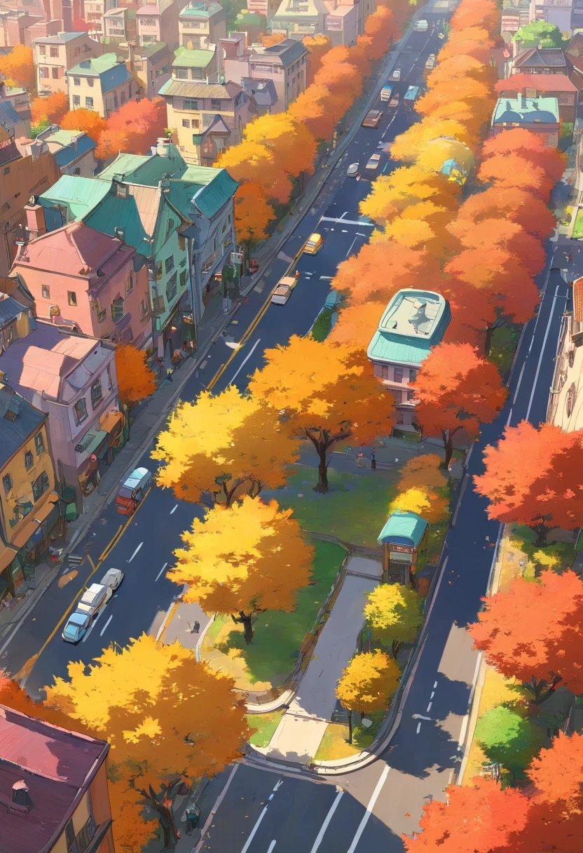 The city, overhead view, autumn, Grand Highway, morning