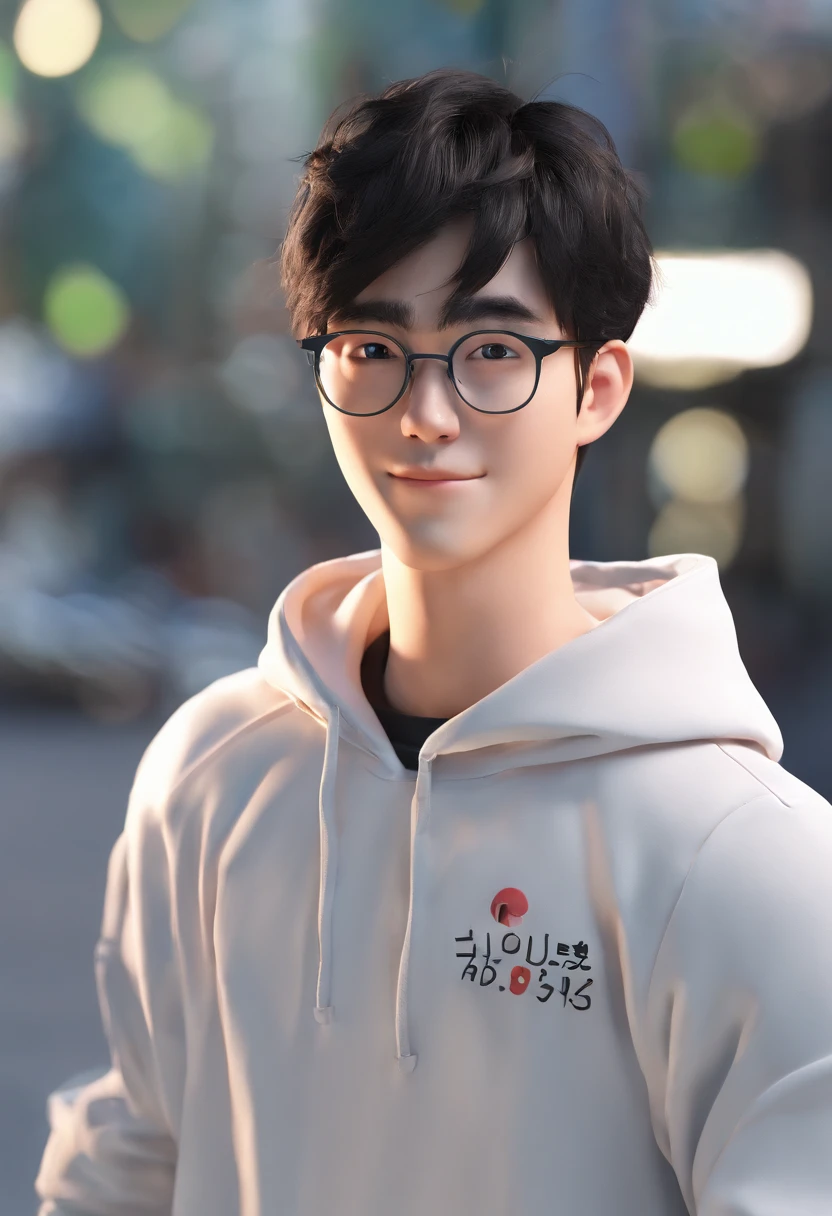 [Korean guy] [black hair] [green eyes] [black glasses] [smiling] [Wearing a white hoodie] [black jeans] [20 years old]