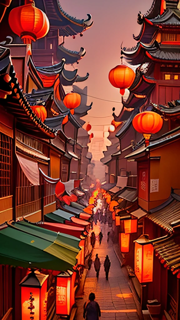 Magnificent ancient Chinese city,Golden tile red wall,Ornate carvings and decorations,ancient china buildings,Carefully designed traditional Chinese architecture,Colorful lanterns hang from the ceiling,Bustling markets and lively crowds,The background is the impressive city skyline,Amazing sunsets cast a warm glow,Aerial view of the entire complex,((red theme)) japanese city
