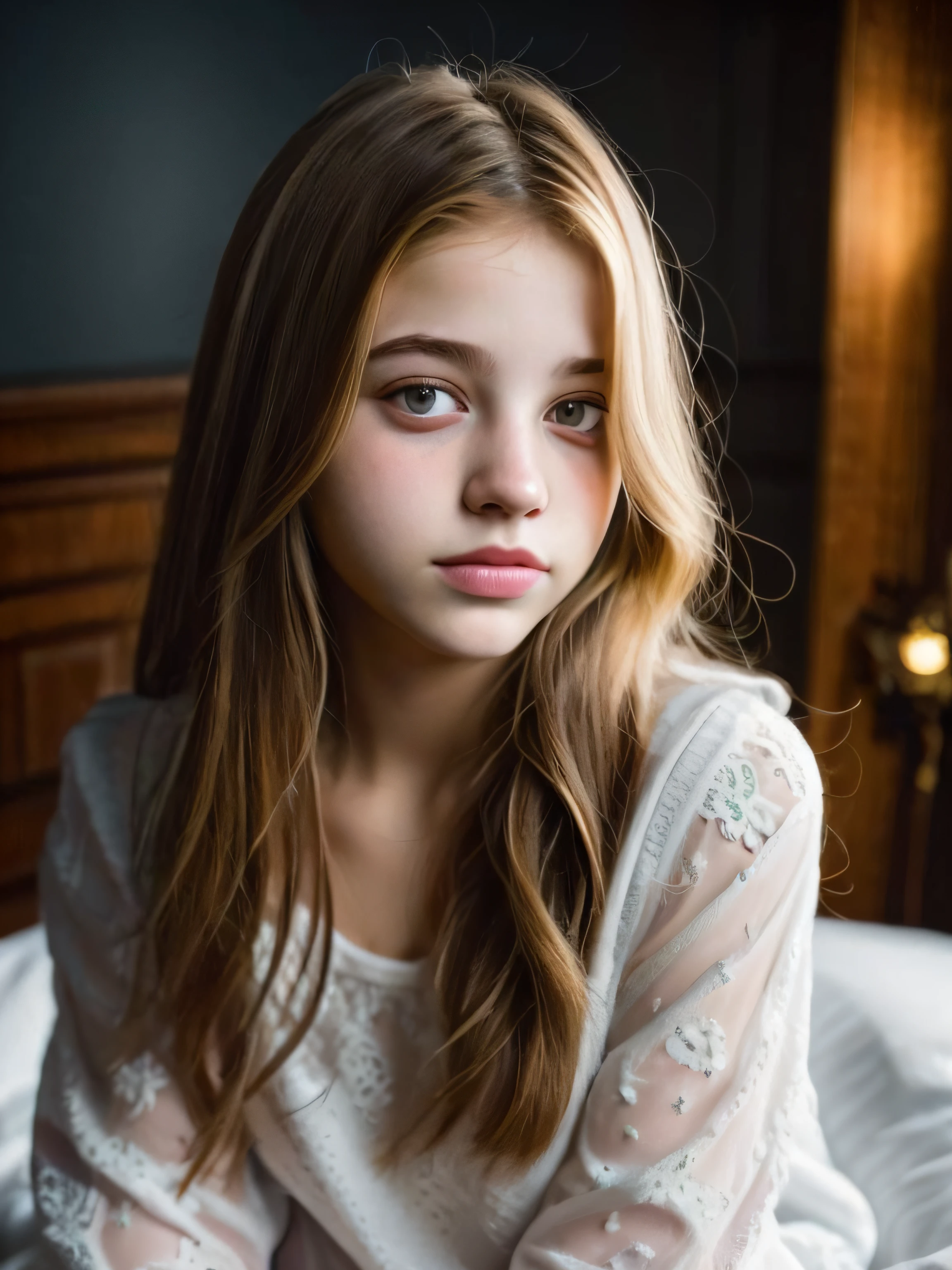 Portrait of an 18 year old cute beautiful perfect face petit teen, she is happy, very beautiful Russian, raw, in bed, (dark private study, dark and moody light: 1.2)