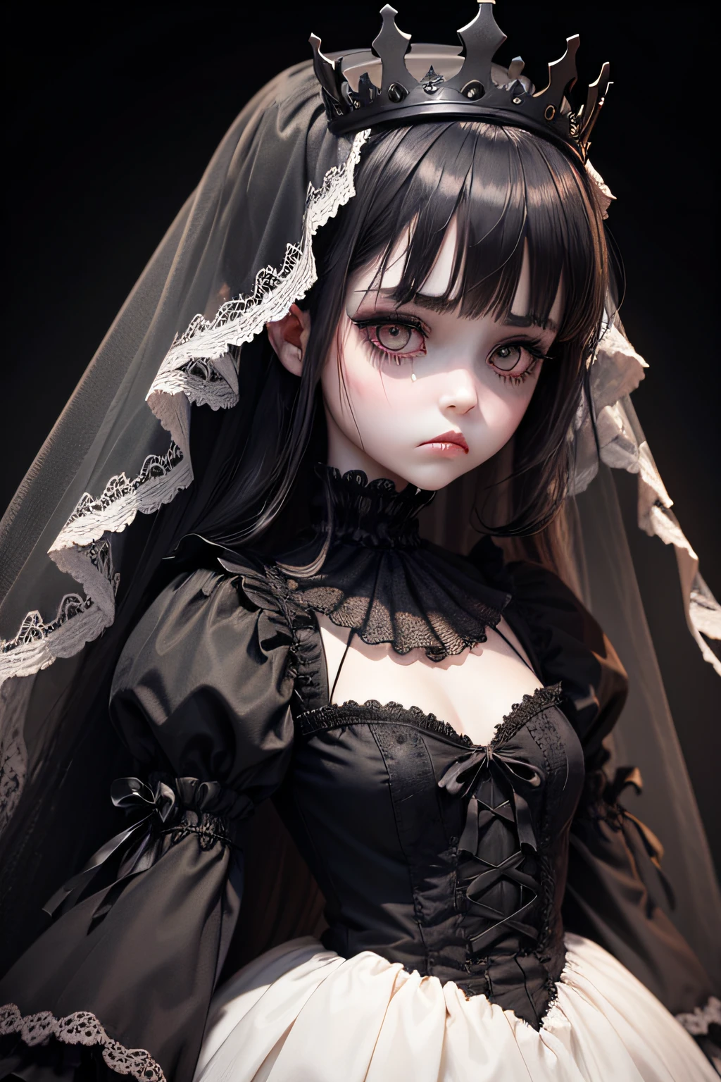 GIRL child  infant body , japonese  , Infant Appearance,  very long black  hair frinje,  veil nun,  sad face cry , seios planos  , black  lingerie thong  ,  hands praying , uterus  tattoo . Olhando para o Viewer