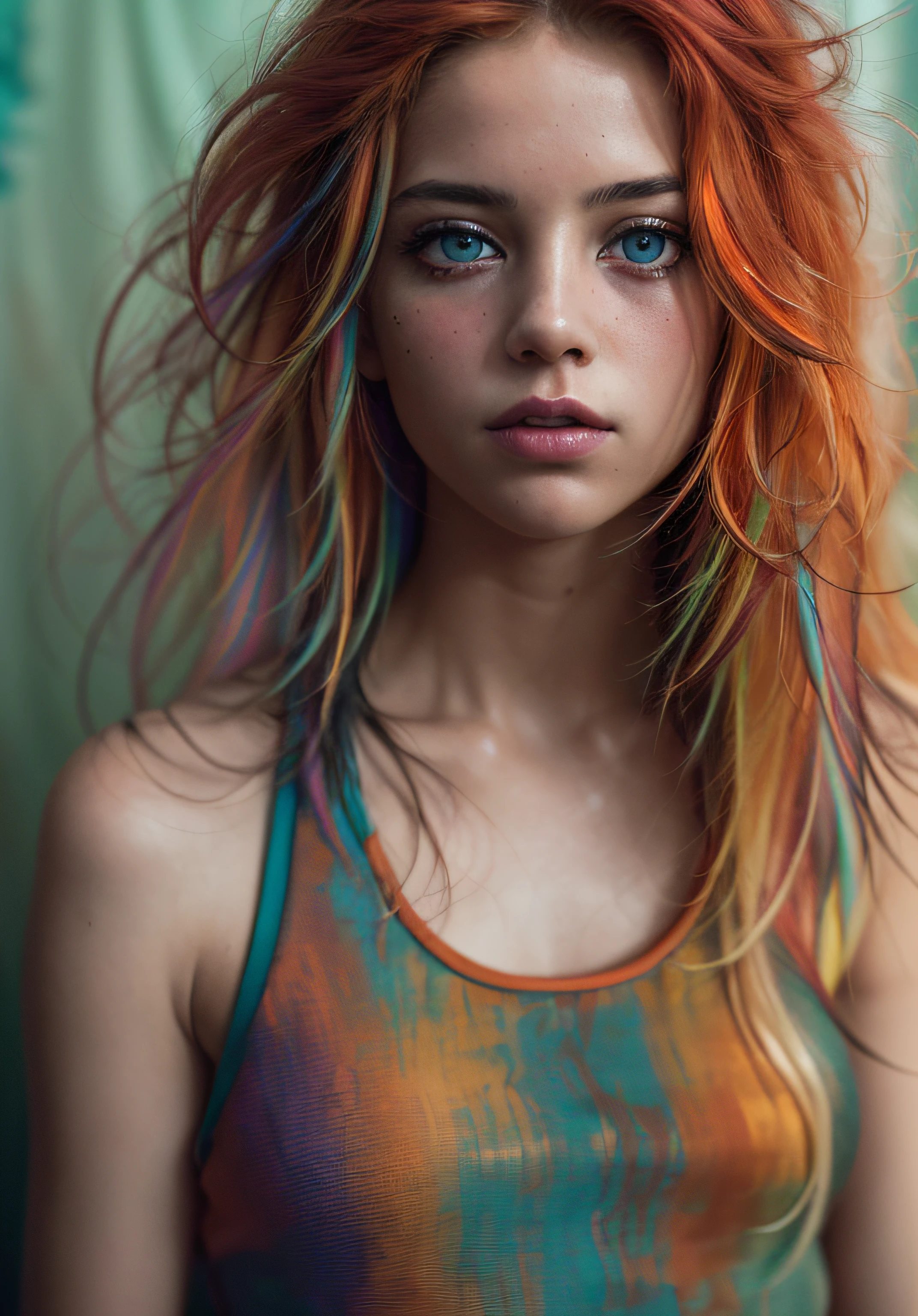 analog style, model shoot style, RAW photo ((portrait:1.8)) of a (young girl:1.5), ((colorful photo:1.5)), (long hair, multicolored hair:1.7), ((cute face: 1.7, perfect face:1.3)), looking at viewer,
(shiny body:1.5, pale skin:1.5), best quality, epic (by lee jeffries and quentin tarantino photo, sony a7, 50 mm, pores:1.5, colors, hyperdetailed:1.5,
film grain:1.4, hyperrealistic: 1.5), hyper-realistic lifelike texture, masterpiece, unreal engine 5, Extremely detailed CG unity 8k wallpaper, realistic eyes, UHD, HDR, DSLR,
Madly detailed photo, (ecstasy of light and shadow, deep shadow), (Winner of the Pulitzer Prize for Photography and Taylor Wessing Photographic Prize)