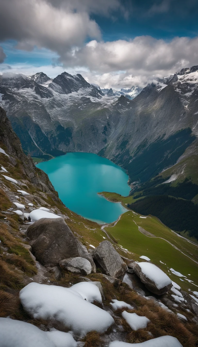 lakes，Snow Mountain，wide angle，snow，Switzerland.